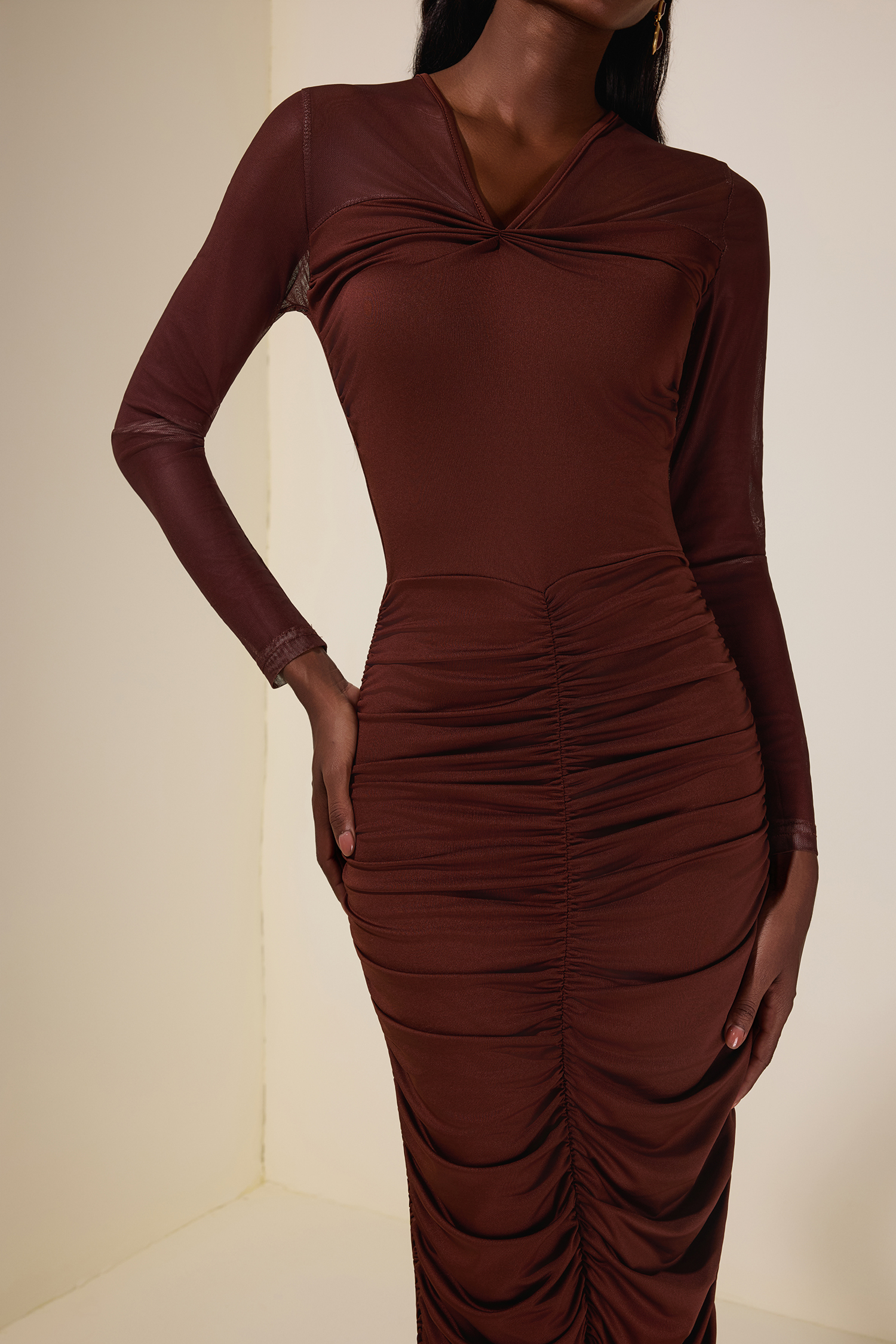 Mesh Splicing Jersey Gathering Midi Dress