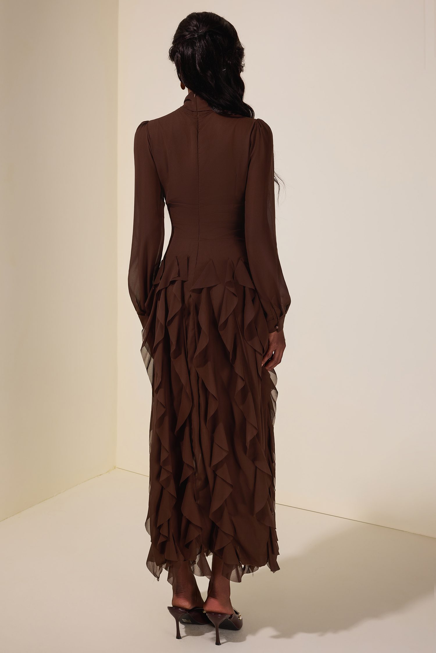 Chiffon Frill Beads Maxi Dress