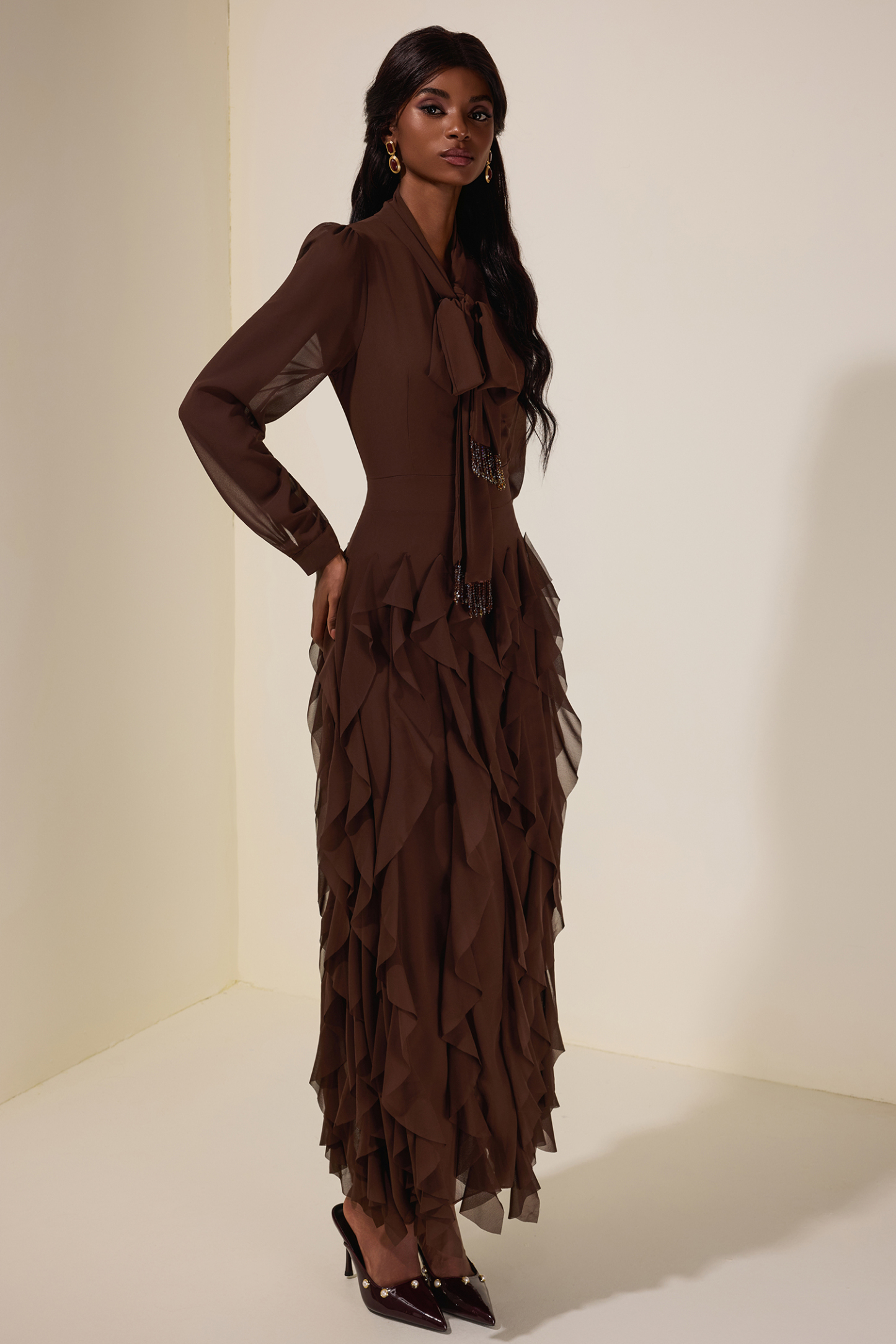 Chiffon Frill Beads Maxi Dress