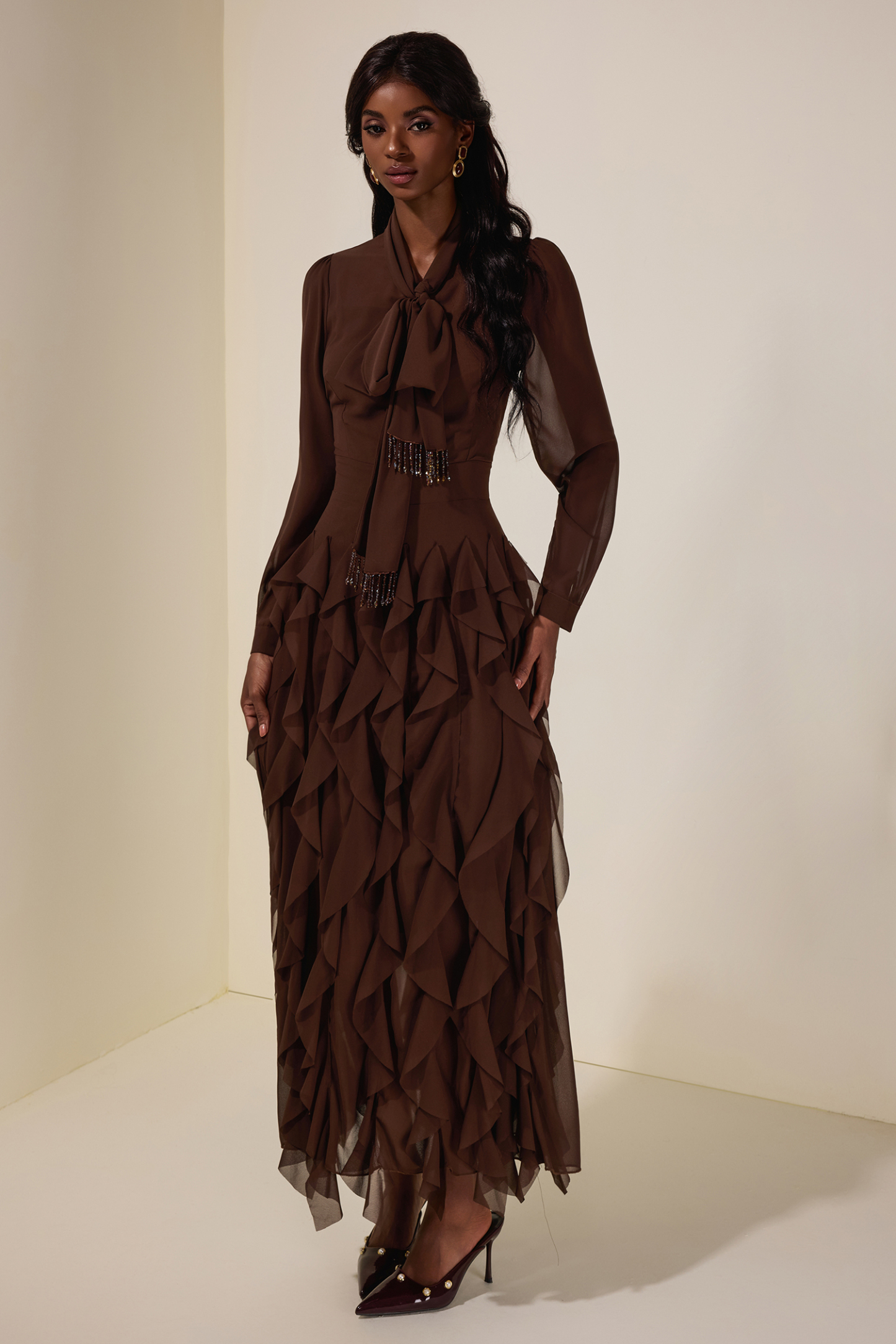 Chiffon Frill Beads Maxi Dress