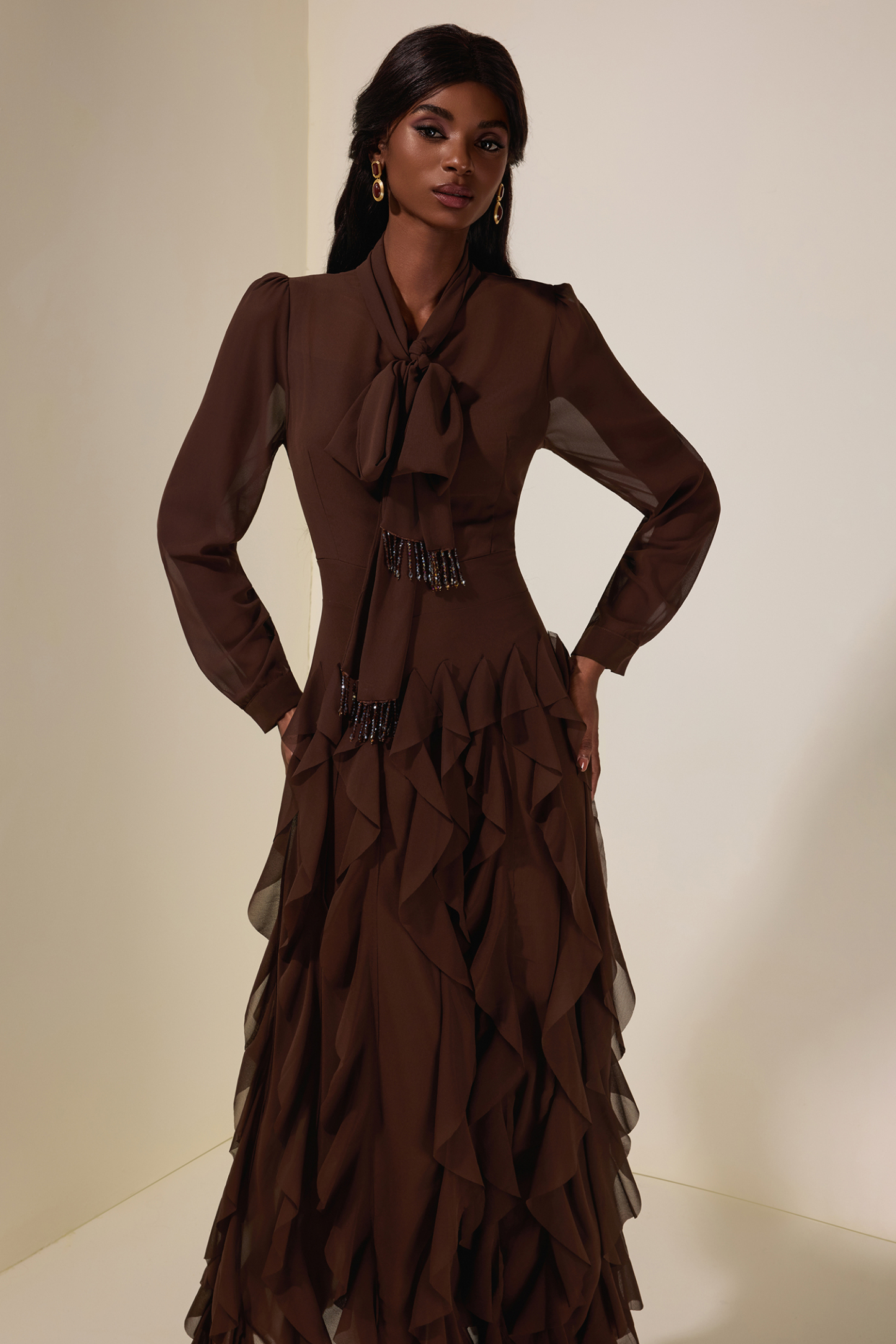 Chiffon Frill Beads Maxi Dress