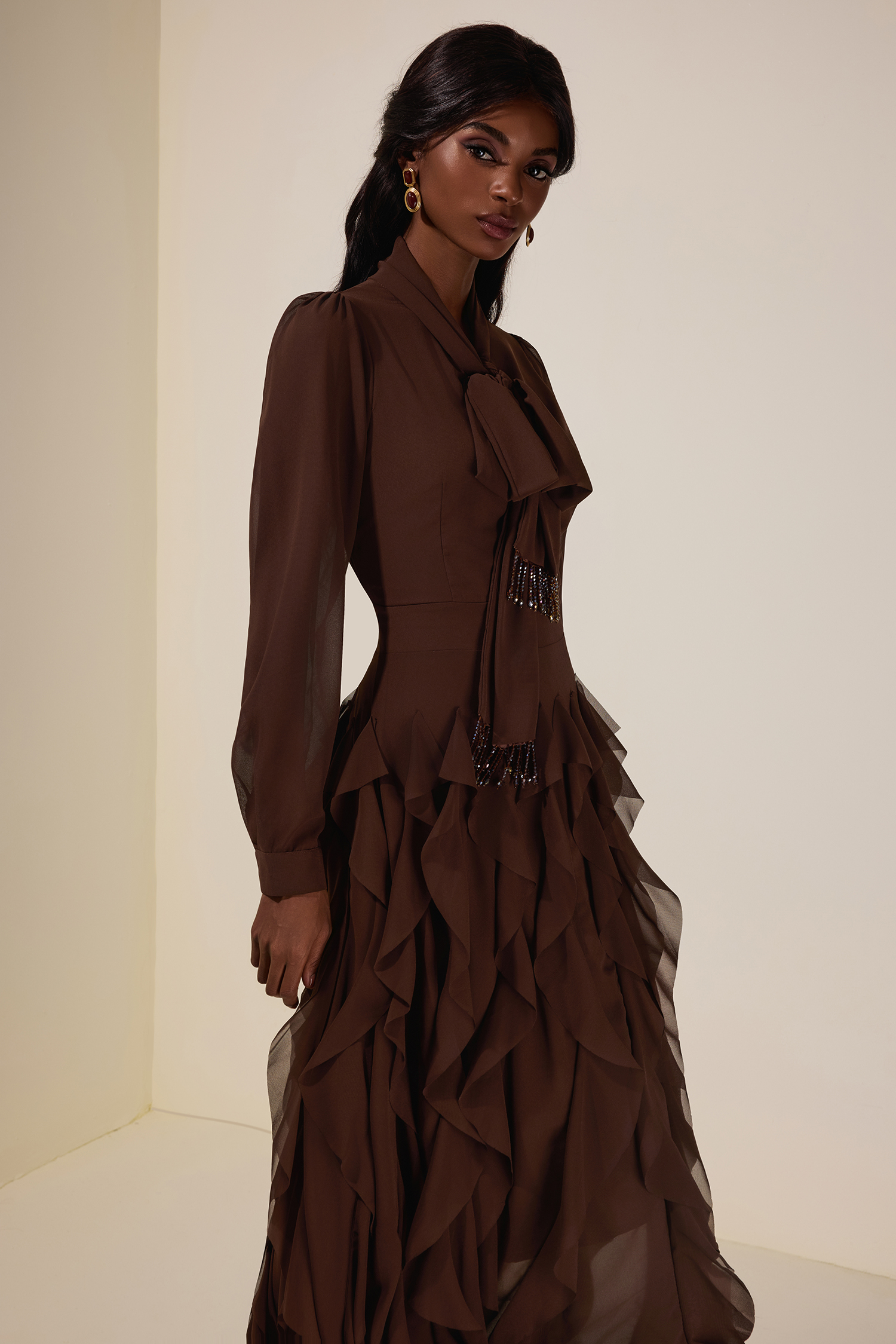 Nadia Chiffon Frill Beads Maxi Dress