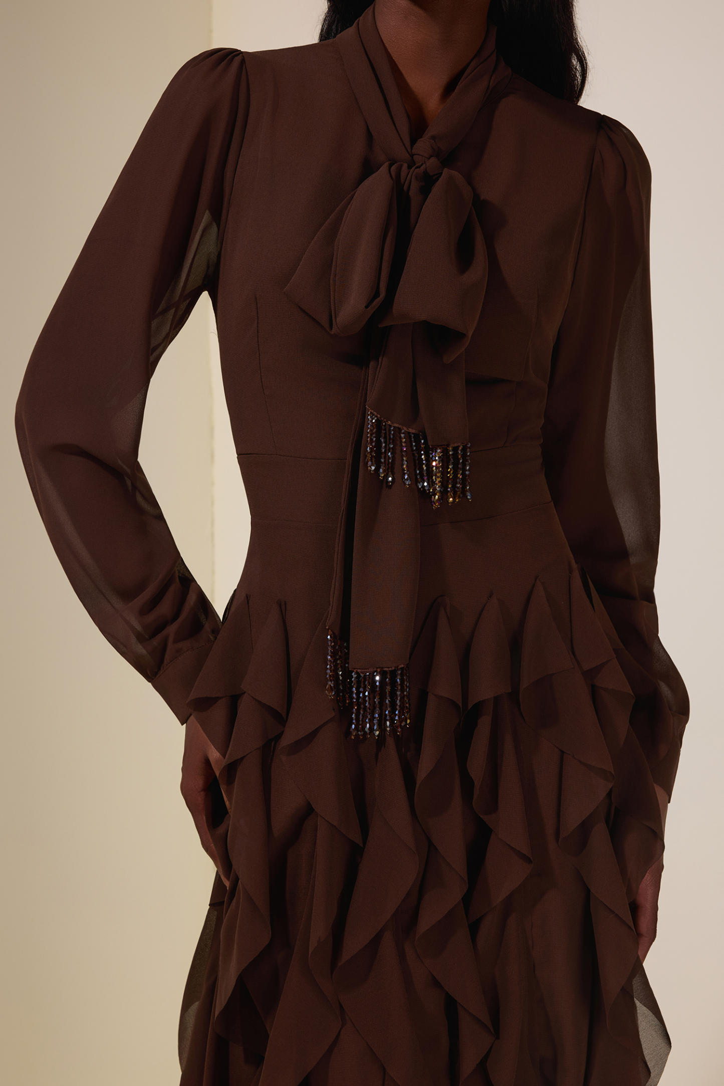 Chiffon Frill Beads Maxi Dress