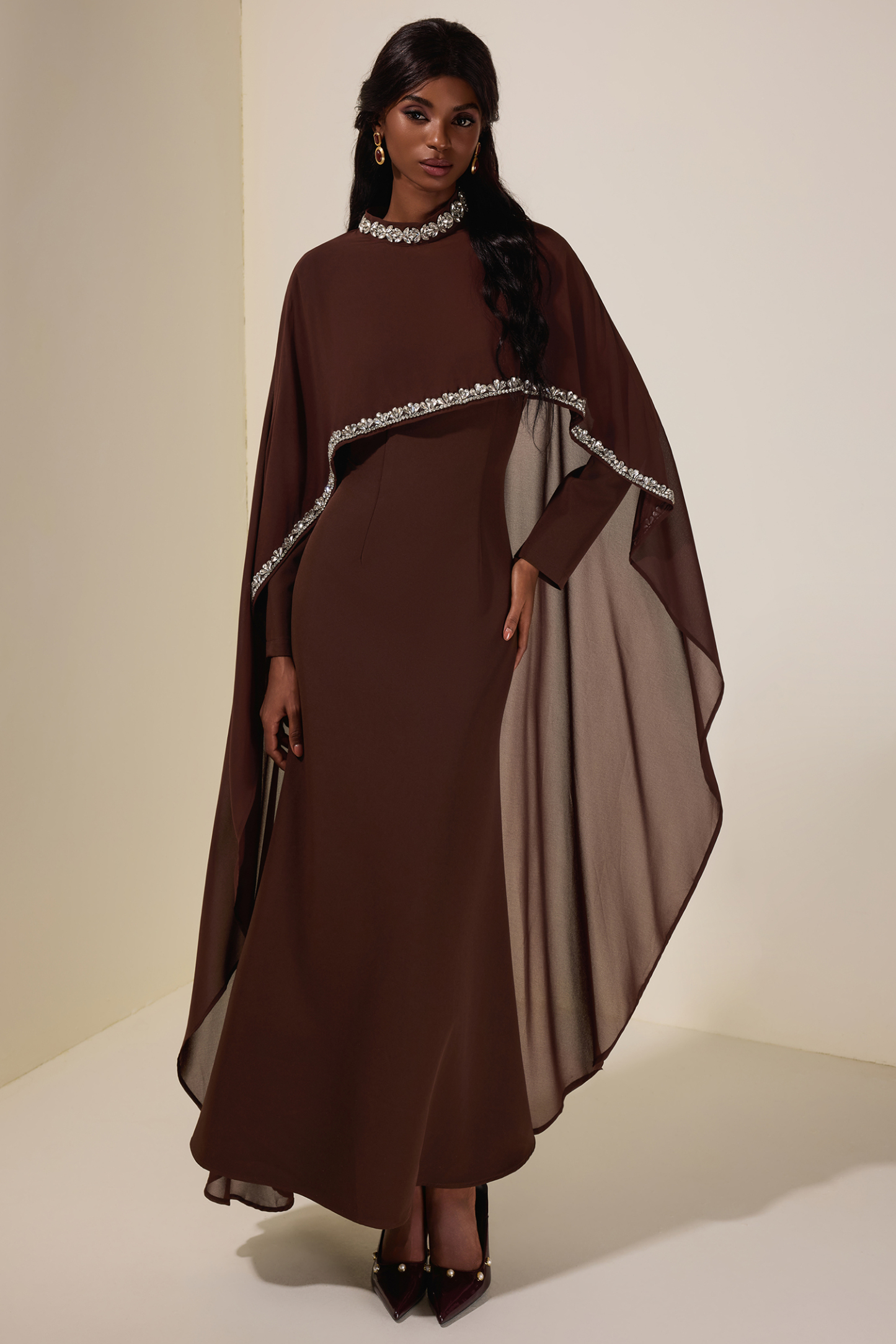 Solid Long Sleeve Midi Dress With Rhinestone Cape