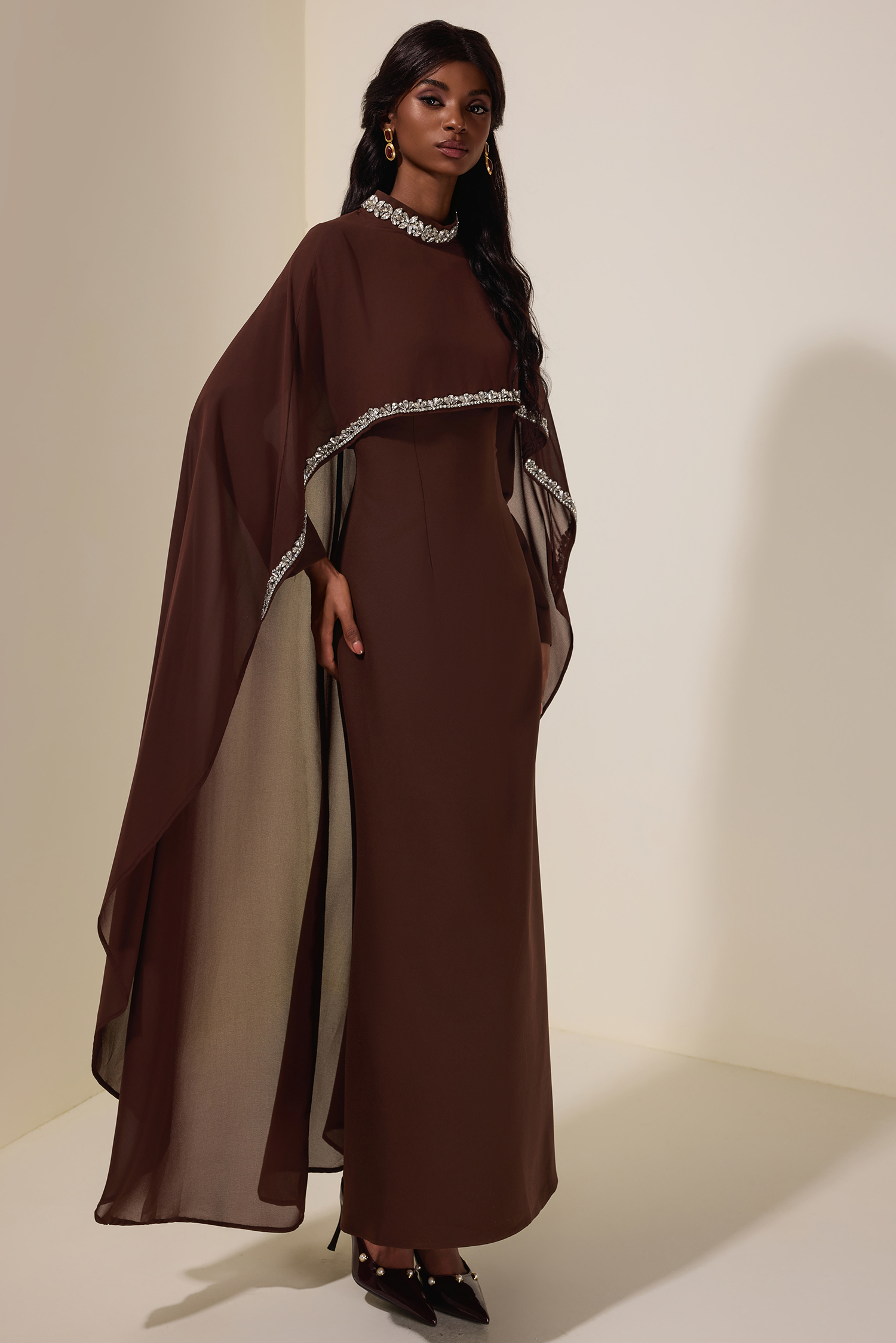 Solid Long Sleeve Midi Dress With Rhinestone Cape