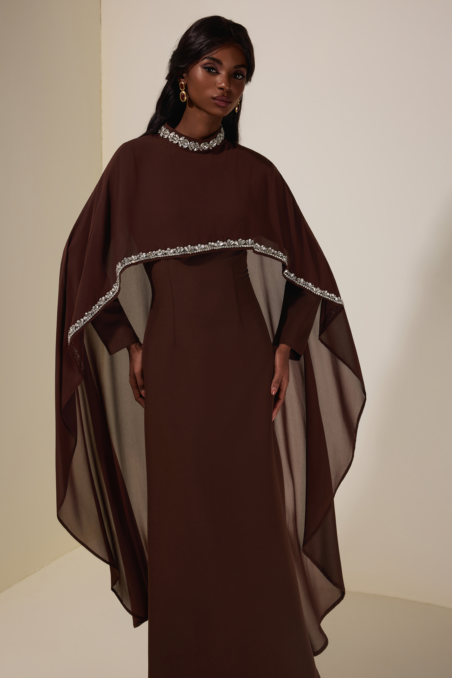 Solid Long Sleeve Midi Dress With Rhinestone Cape