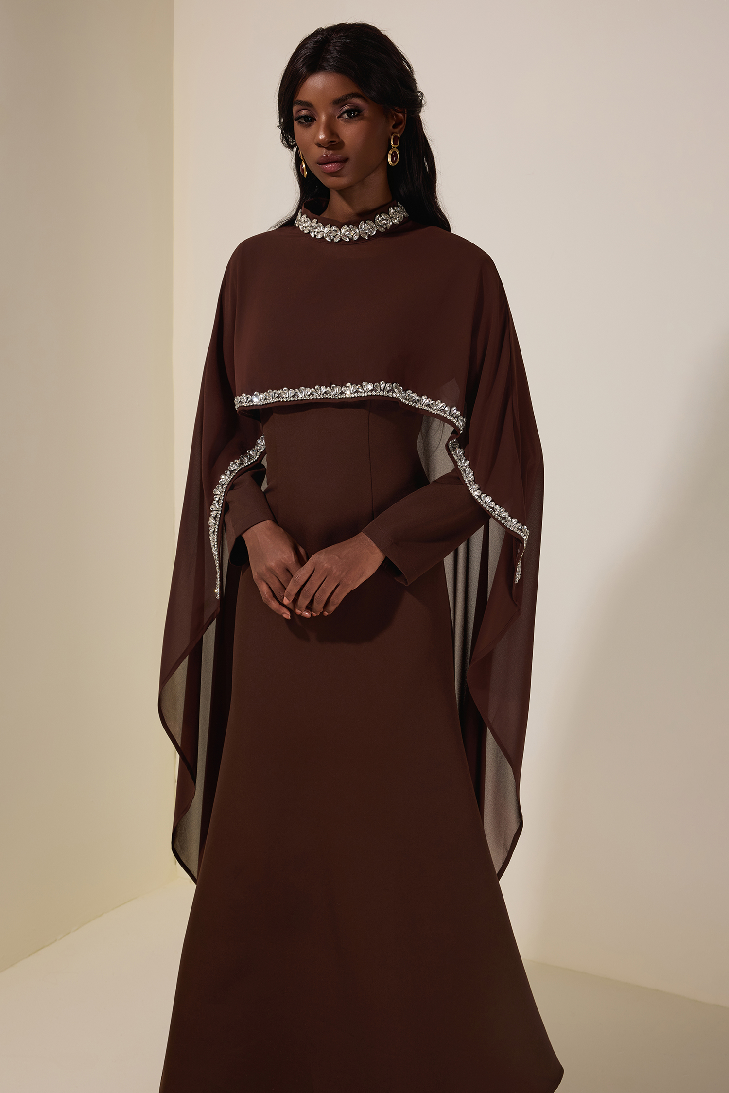 Solid Long Sleeve Midi Dress With Rhinestone Cape