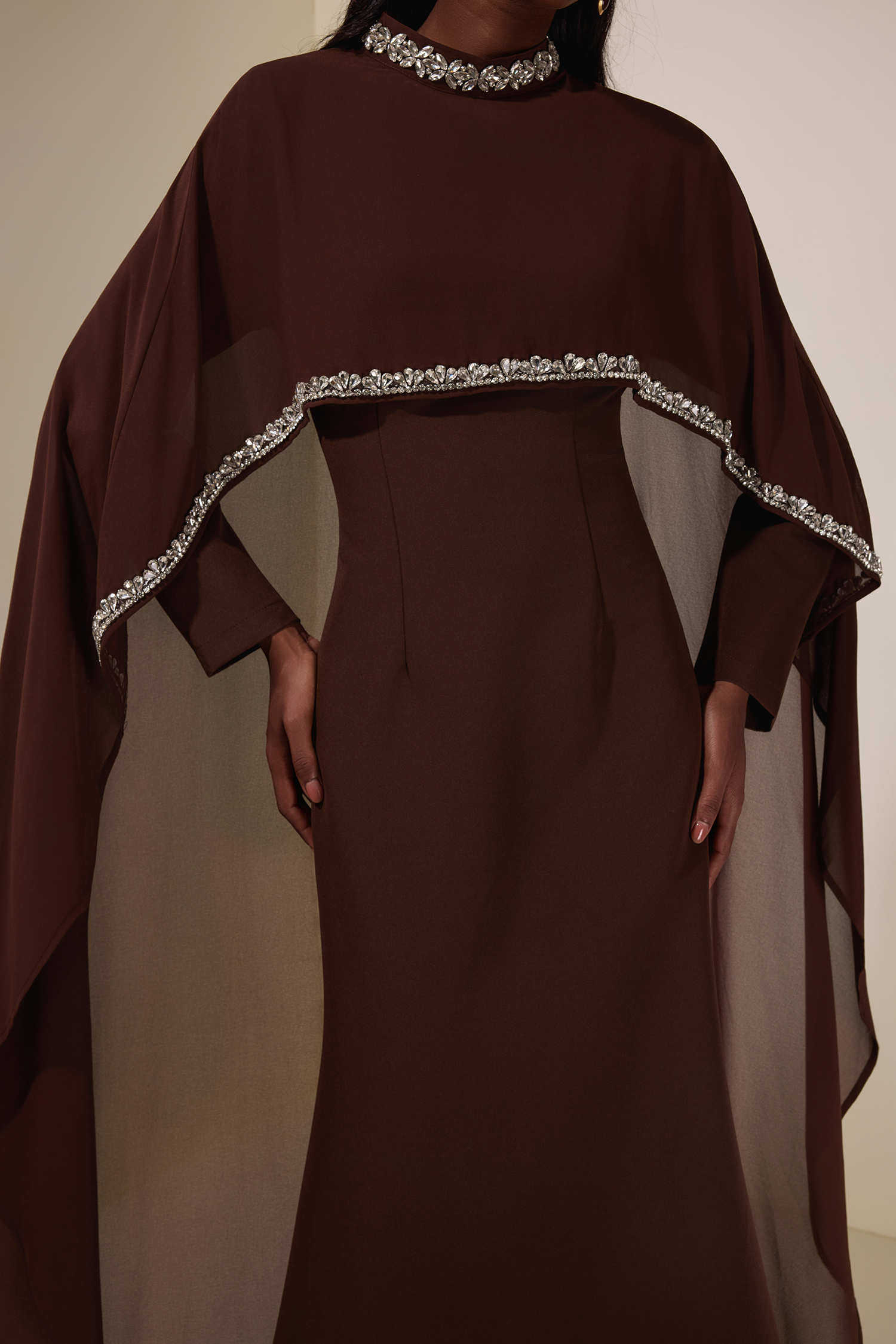 Solid Long Sleeve Midi Dress With Rhinestone Cape