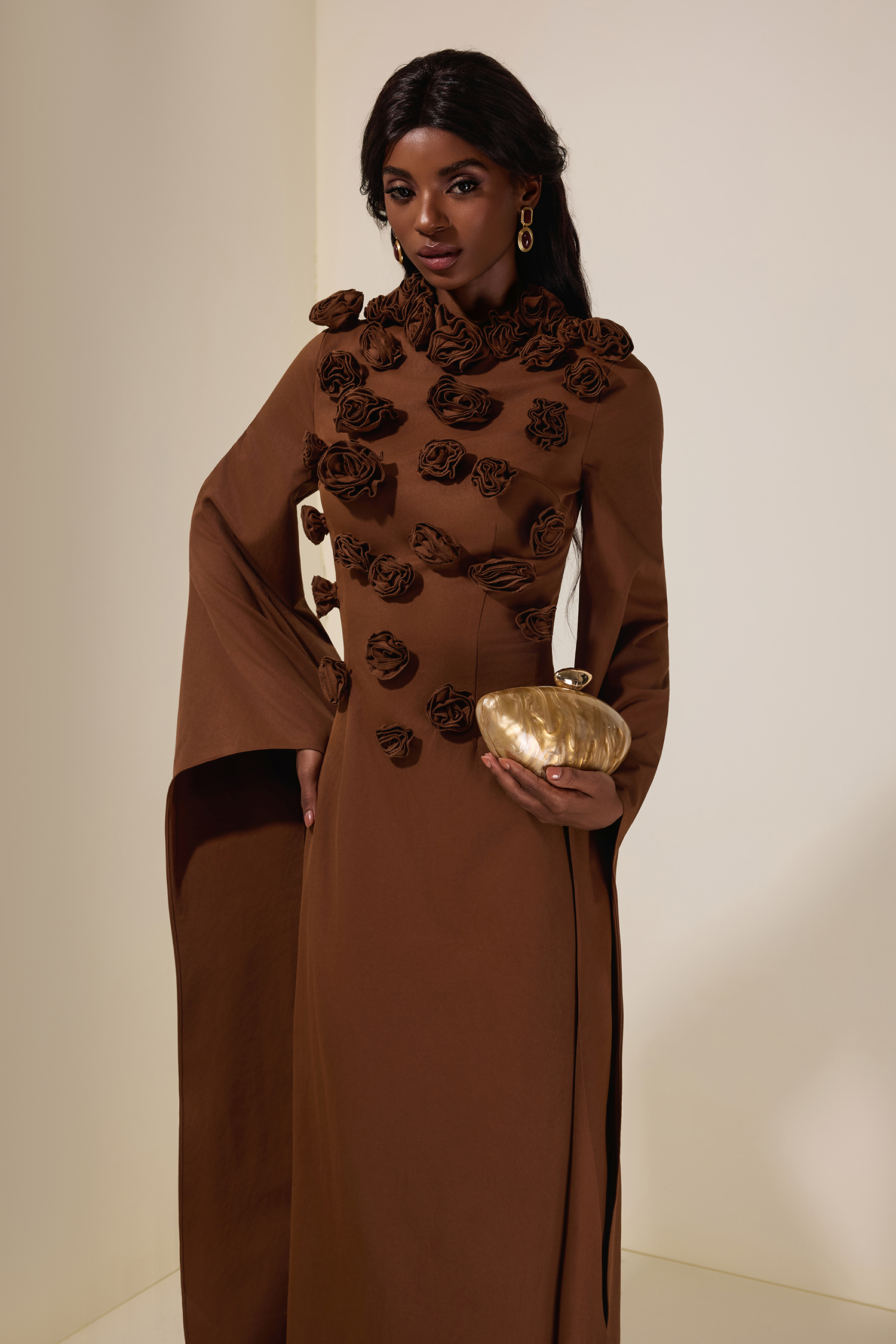 Solid 3D Flower Cape Sleeve Maxi Dress