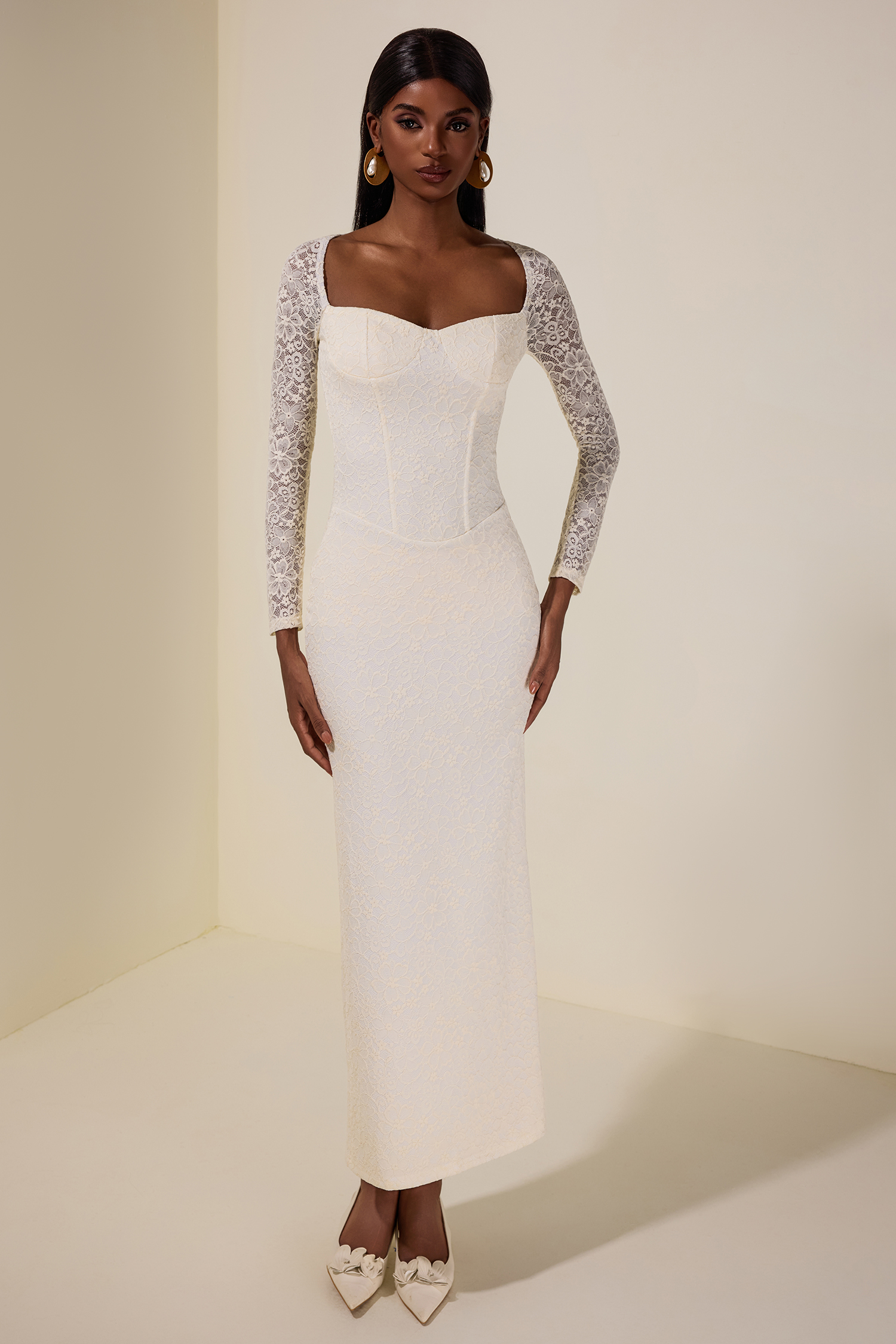 Lace Long Sleeve Slit Maxi Dress