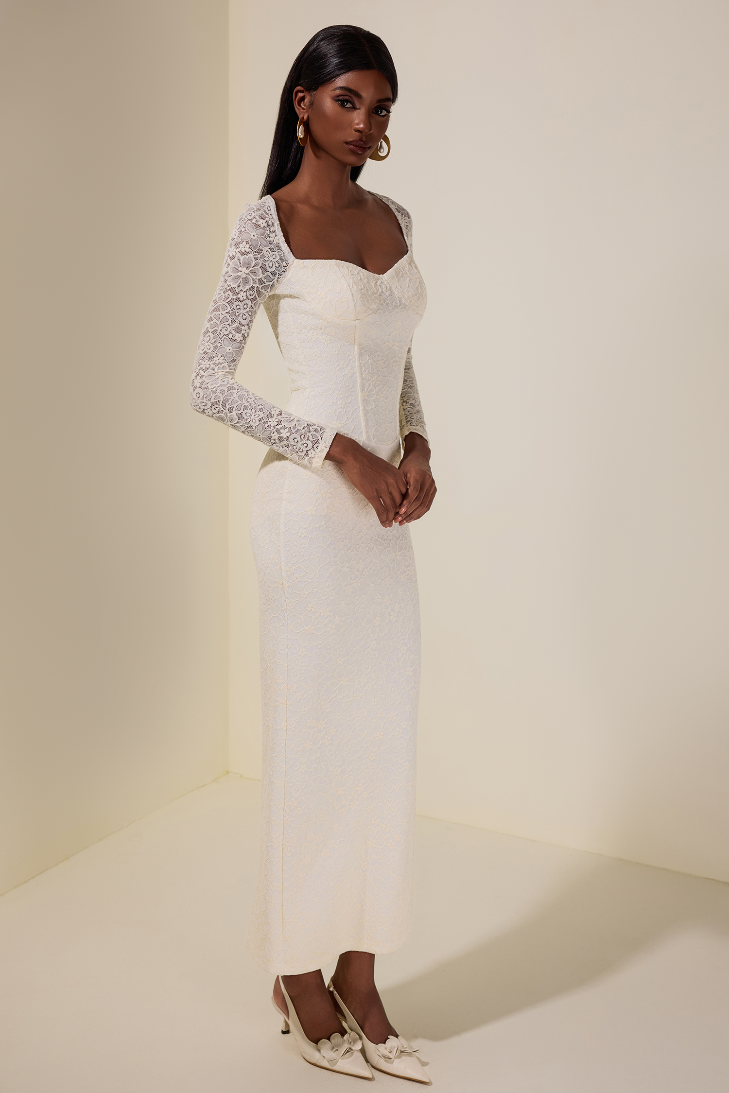 Lace Long Sleeve Slit Maxi Dress