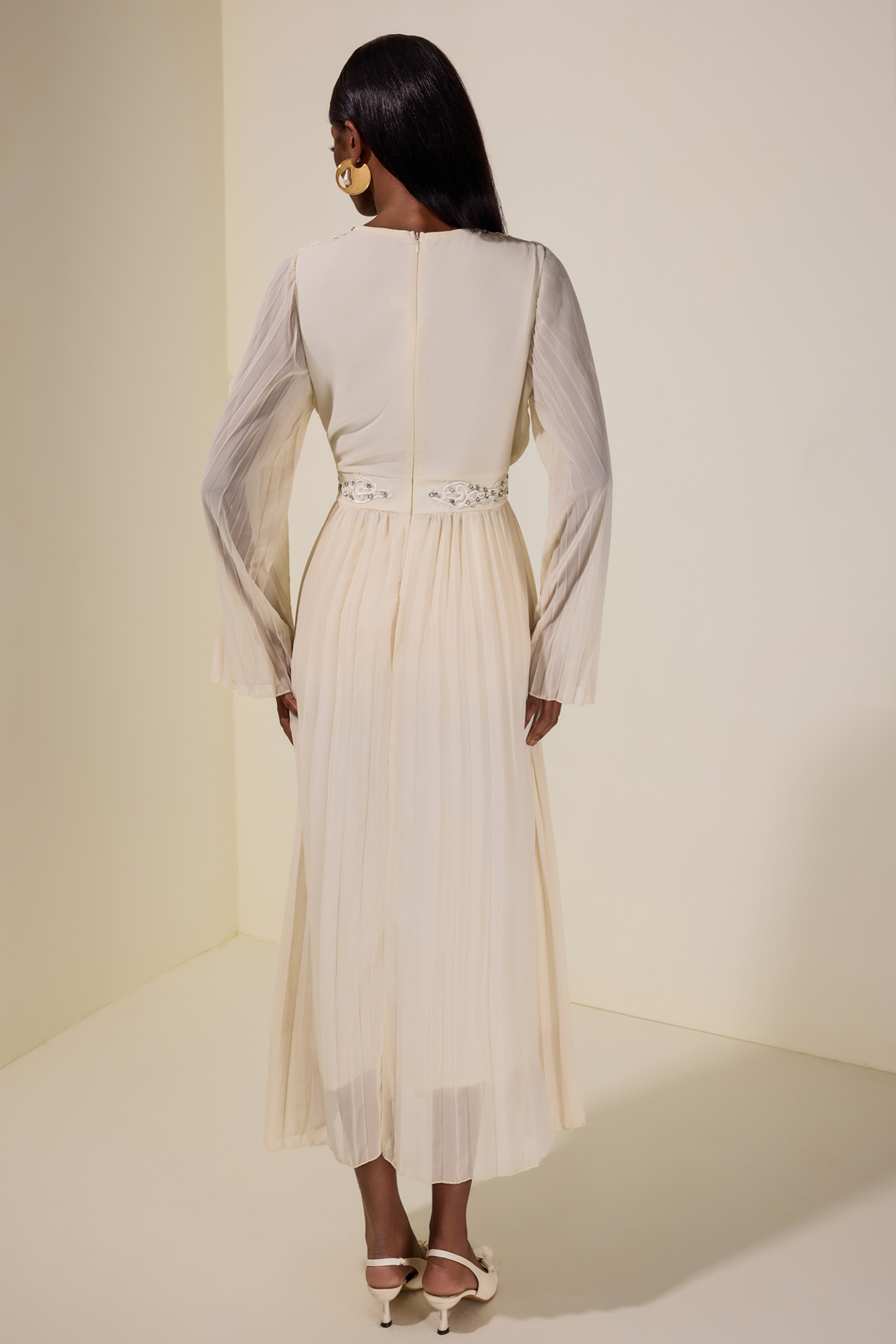 Chiffon  Pleated Rhinestone Midi Dress