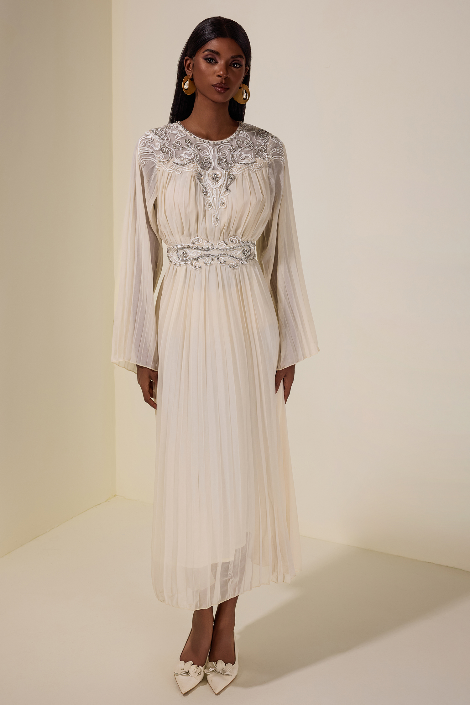 Chiffon  Pleated Rhinestone Midi Dress