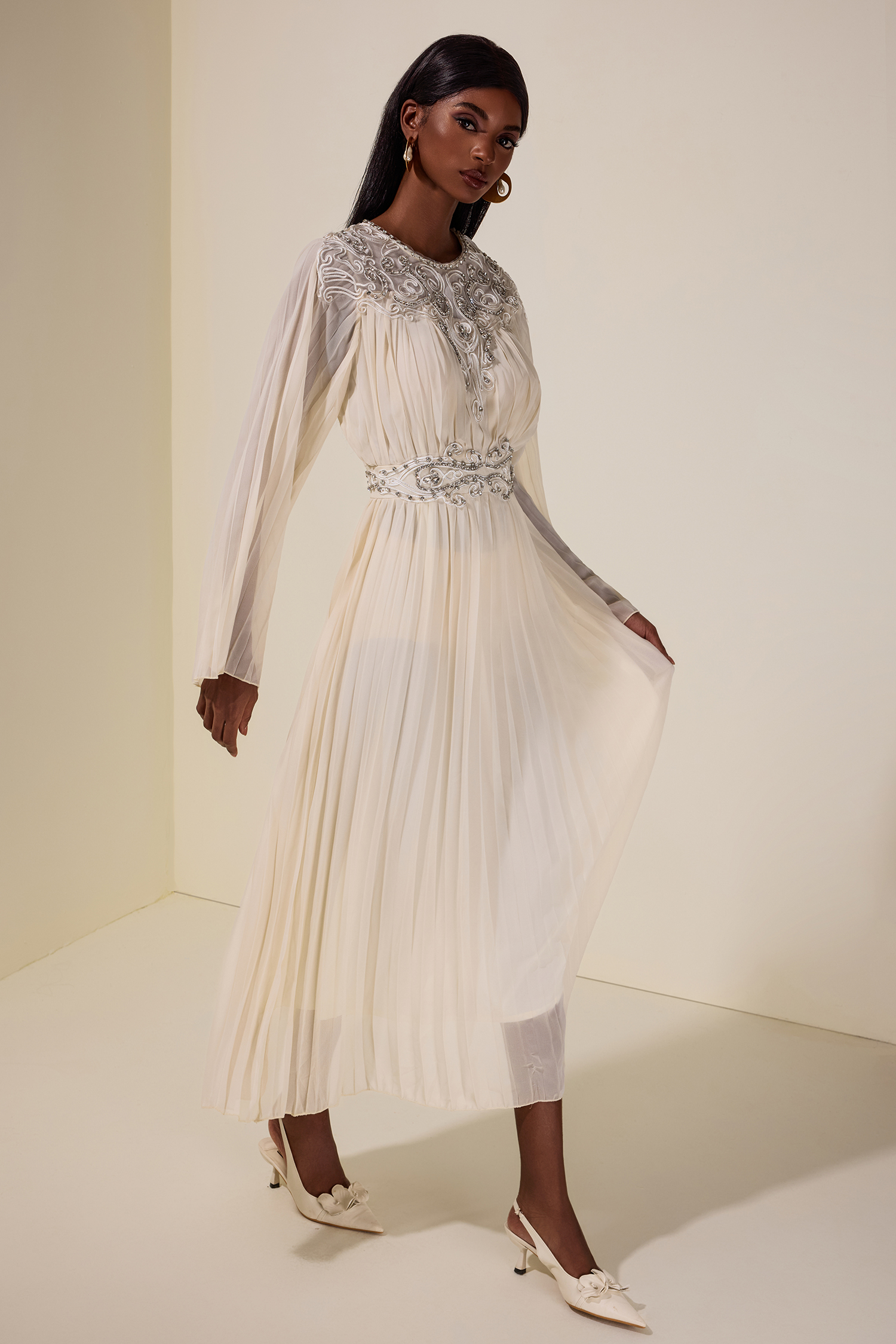 Chiffon  Pleated Rhinestone Midi Dress