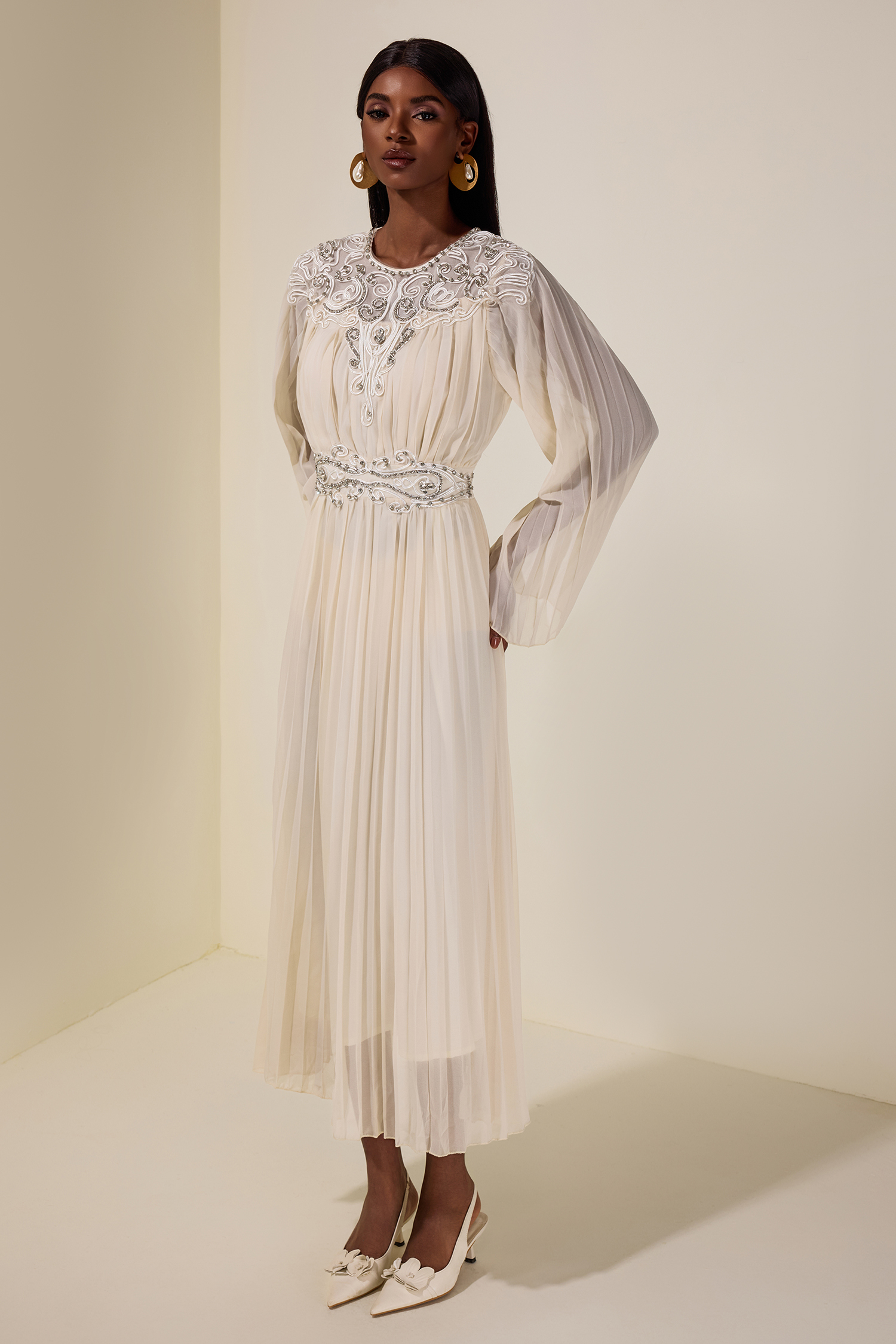 Chiffon  Pleated Rhinestone Midi Dress