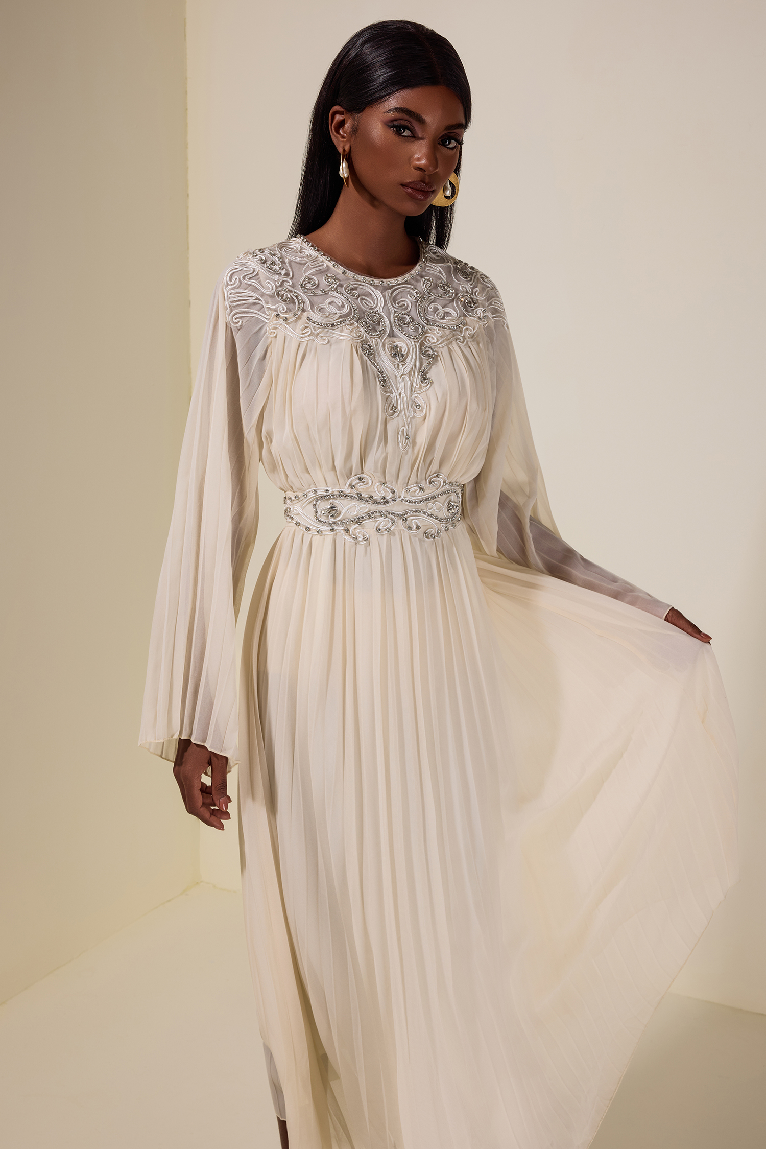 Chiffon  Pleated Rhinestone Midi Dress