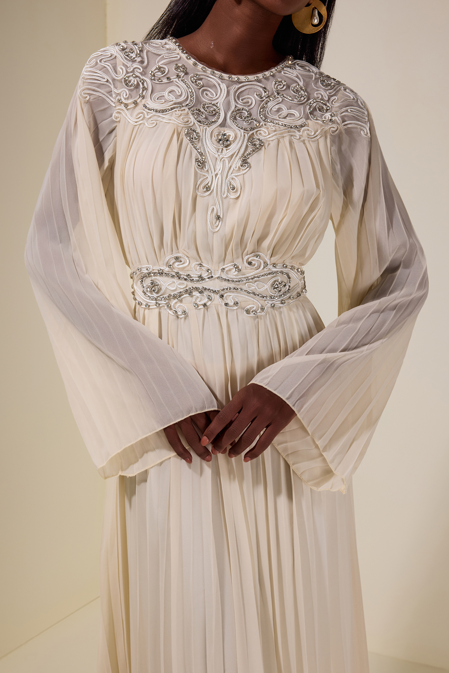 Chiffon  Pleated Rhinestone Midi Dress