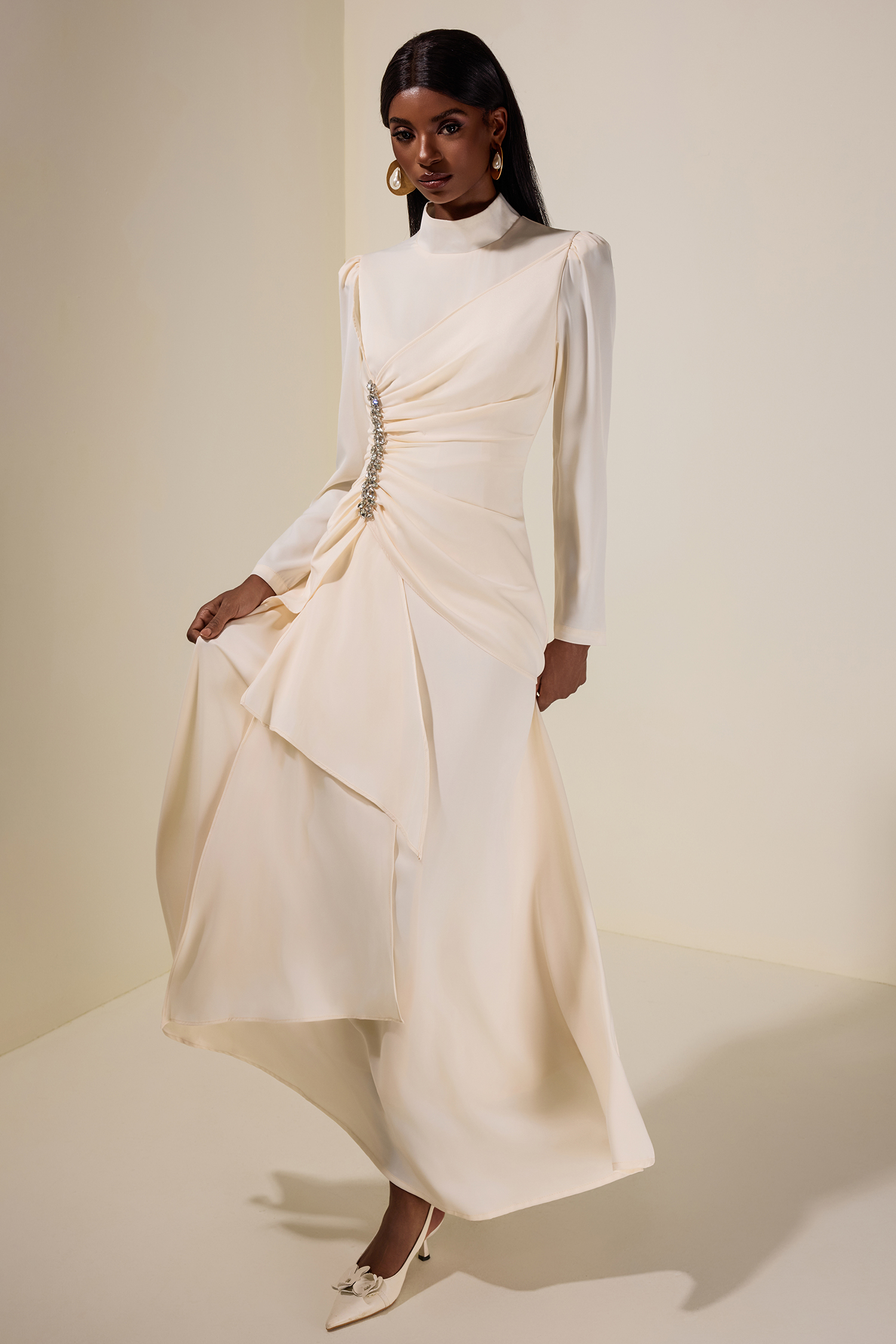 Satin Rhinestone Stand Collar Maxi Dress