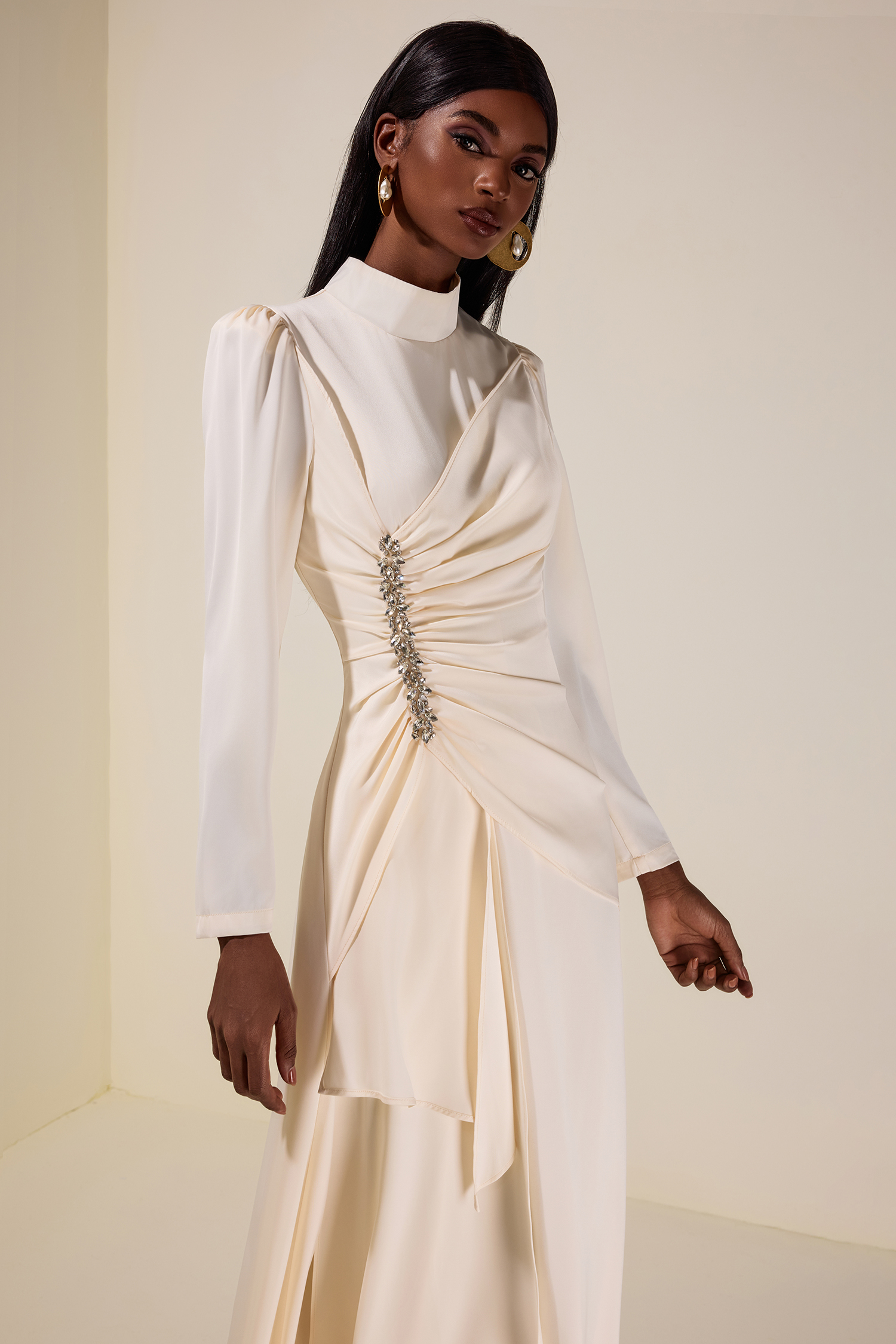 Satin Rhinestone Stand Collar Maxi Dress