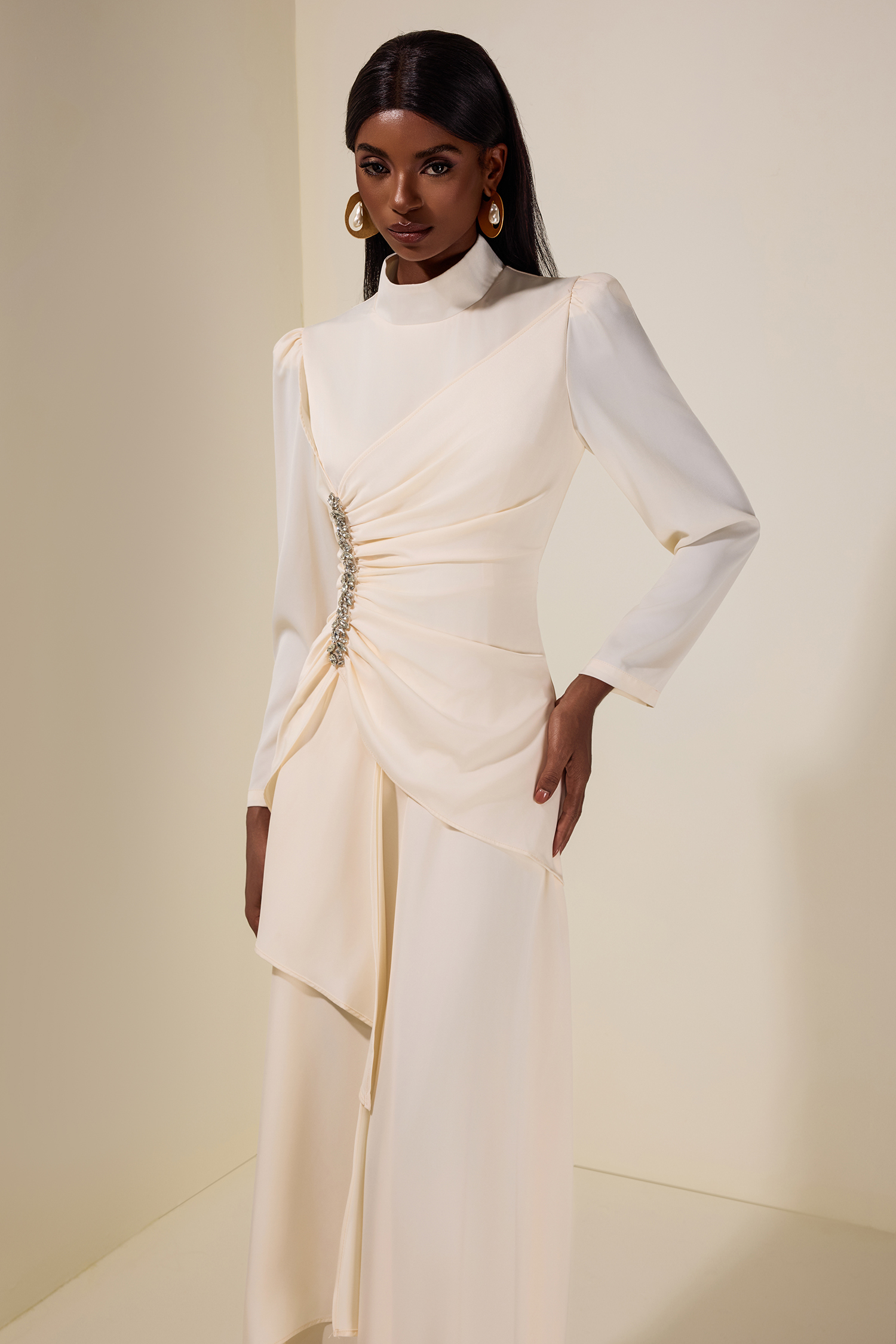 Satin Rhinestone Stand Collar Maxi Dress