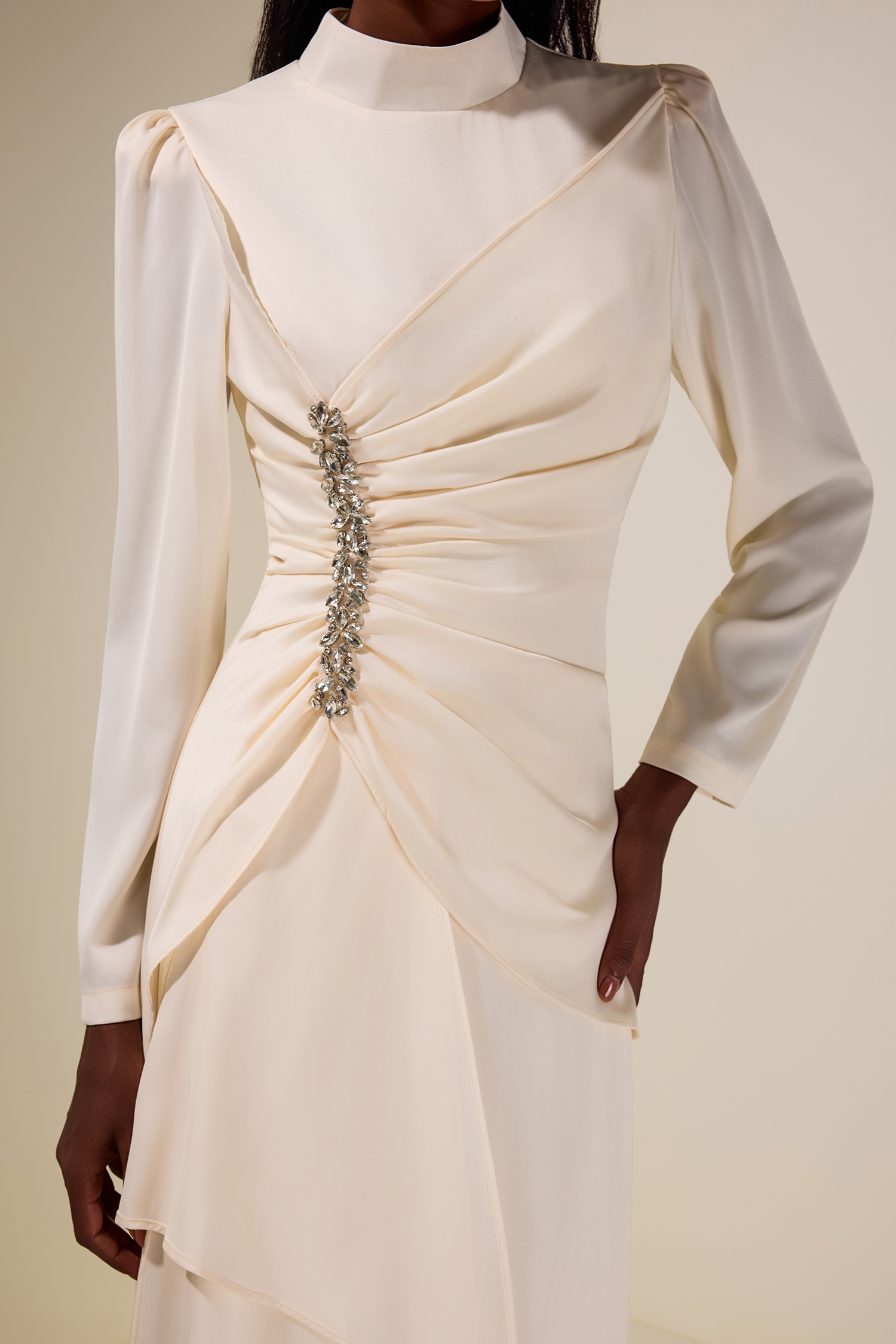 Satin Rhinestone Stand Collar Maxi Dress