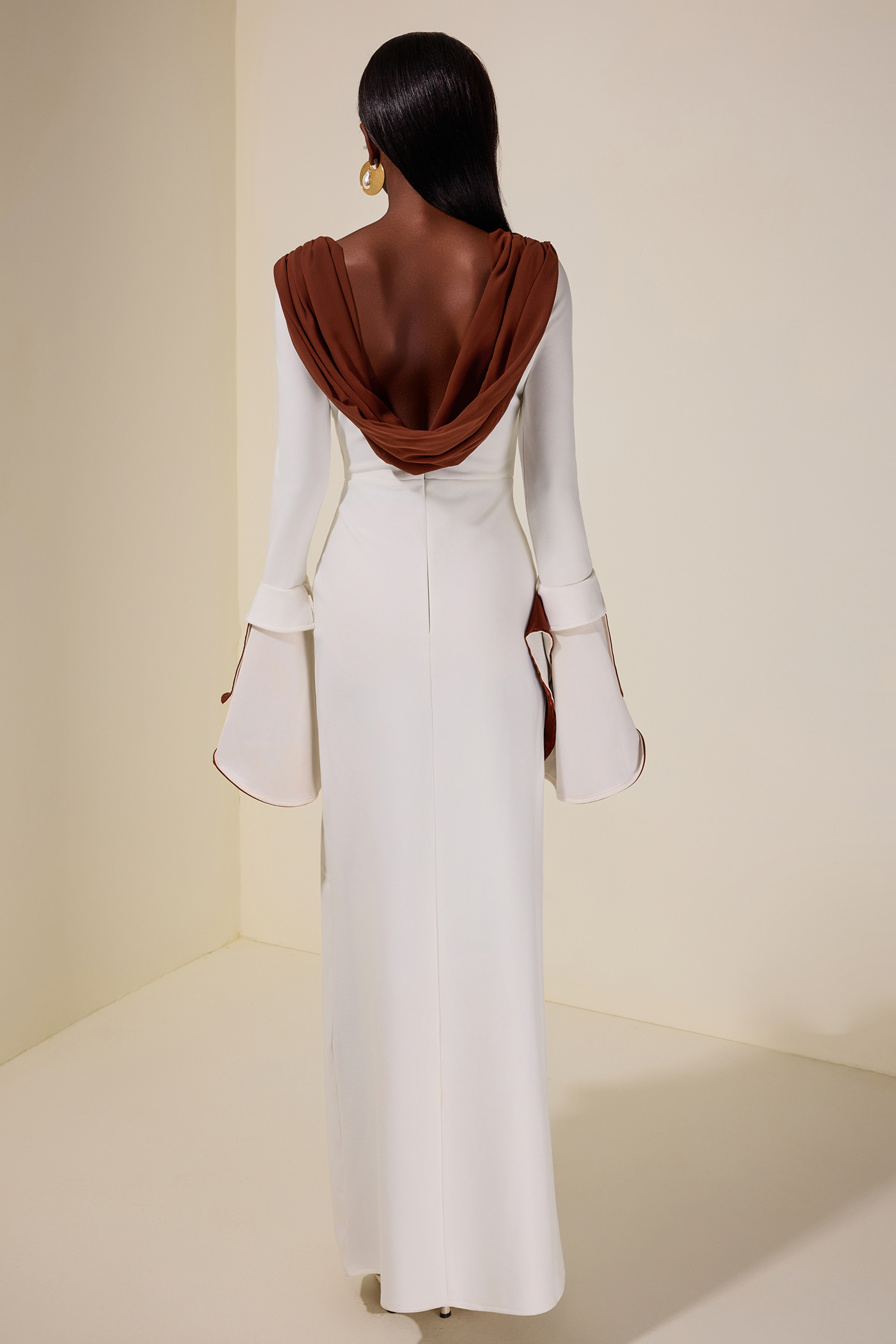 Bandage Splicing Satin Bell Sleeve Maxi Dress