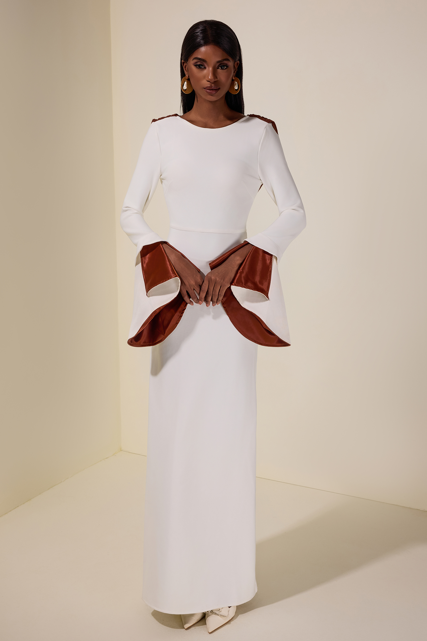 Bandage Splicing Satin Bell Sleeve Maxi Dress