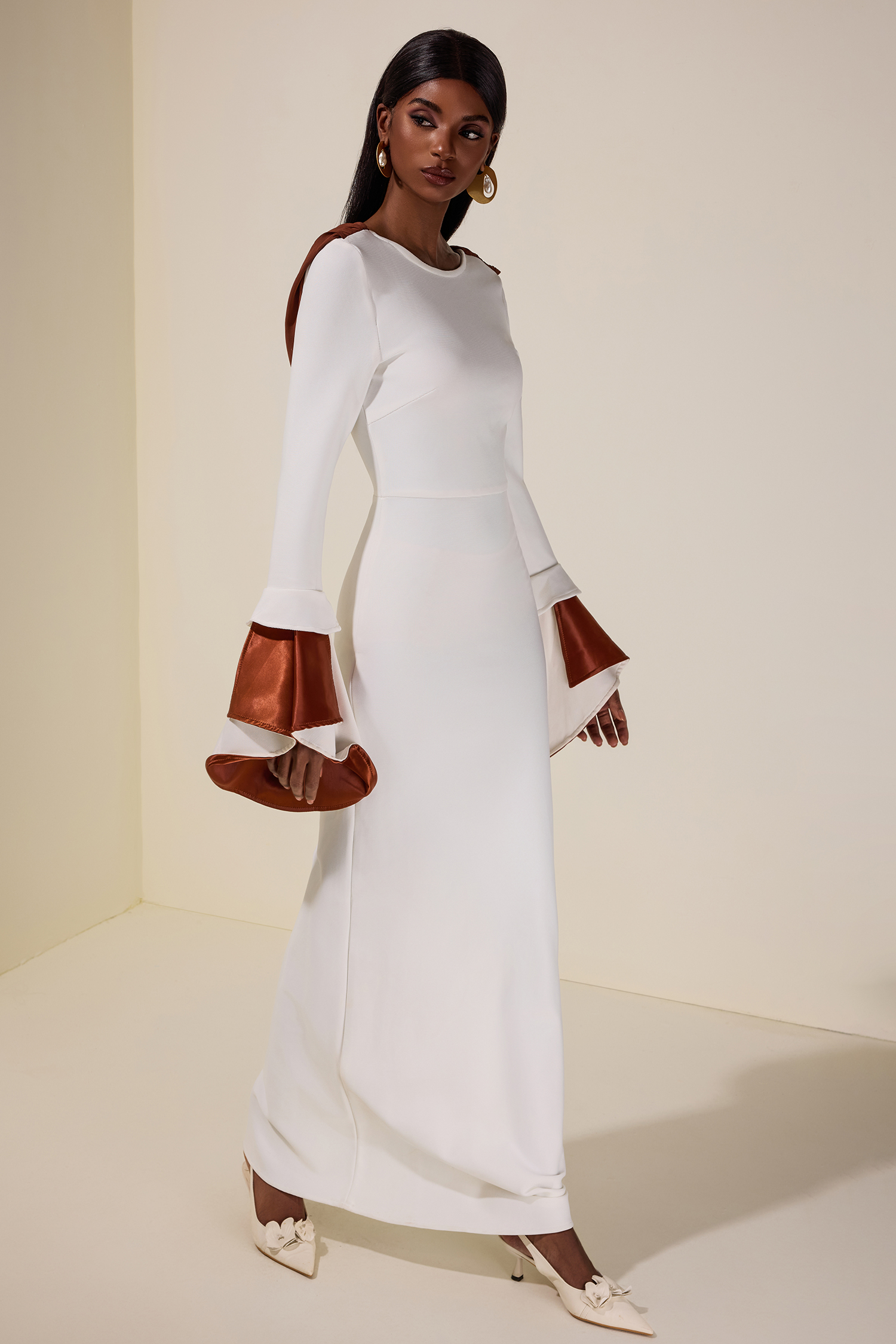 Bandage Splicing Satin Bell Sleeve Maxi Dress