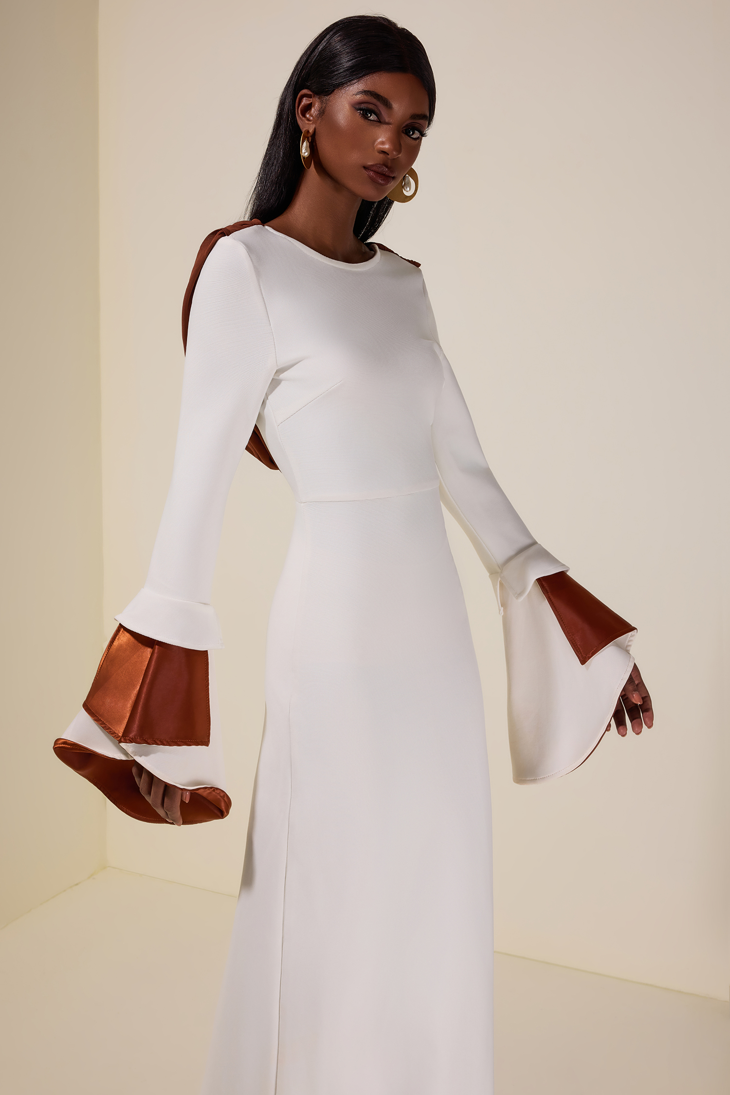 Bandage Splicing Satin Bell Sleeve Maxi Dress