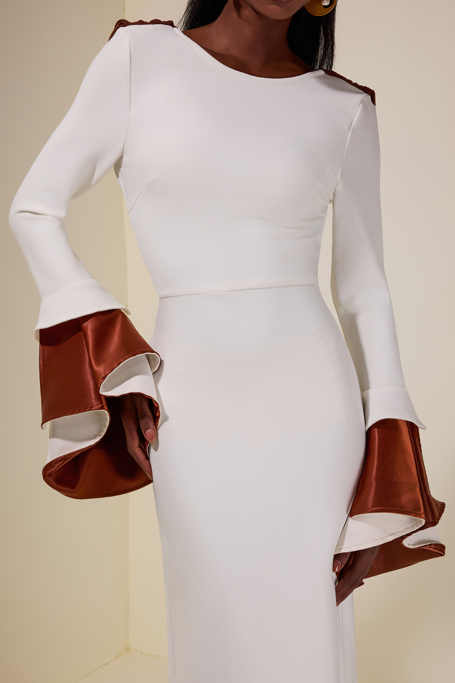 Bandage Splicing Satin Bell Sleeve Maxi Dress