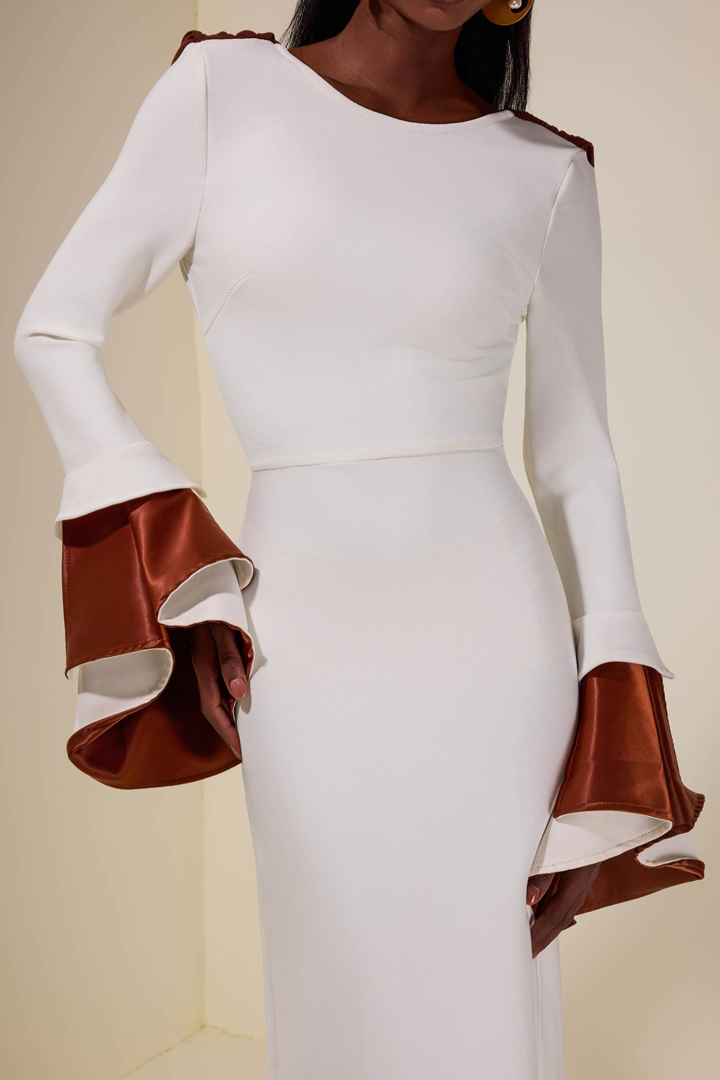 Bandage Splicing Satin Bell Sleeve Maxi Dress