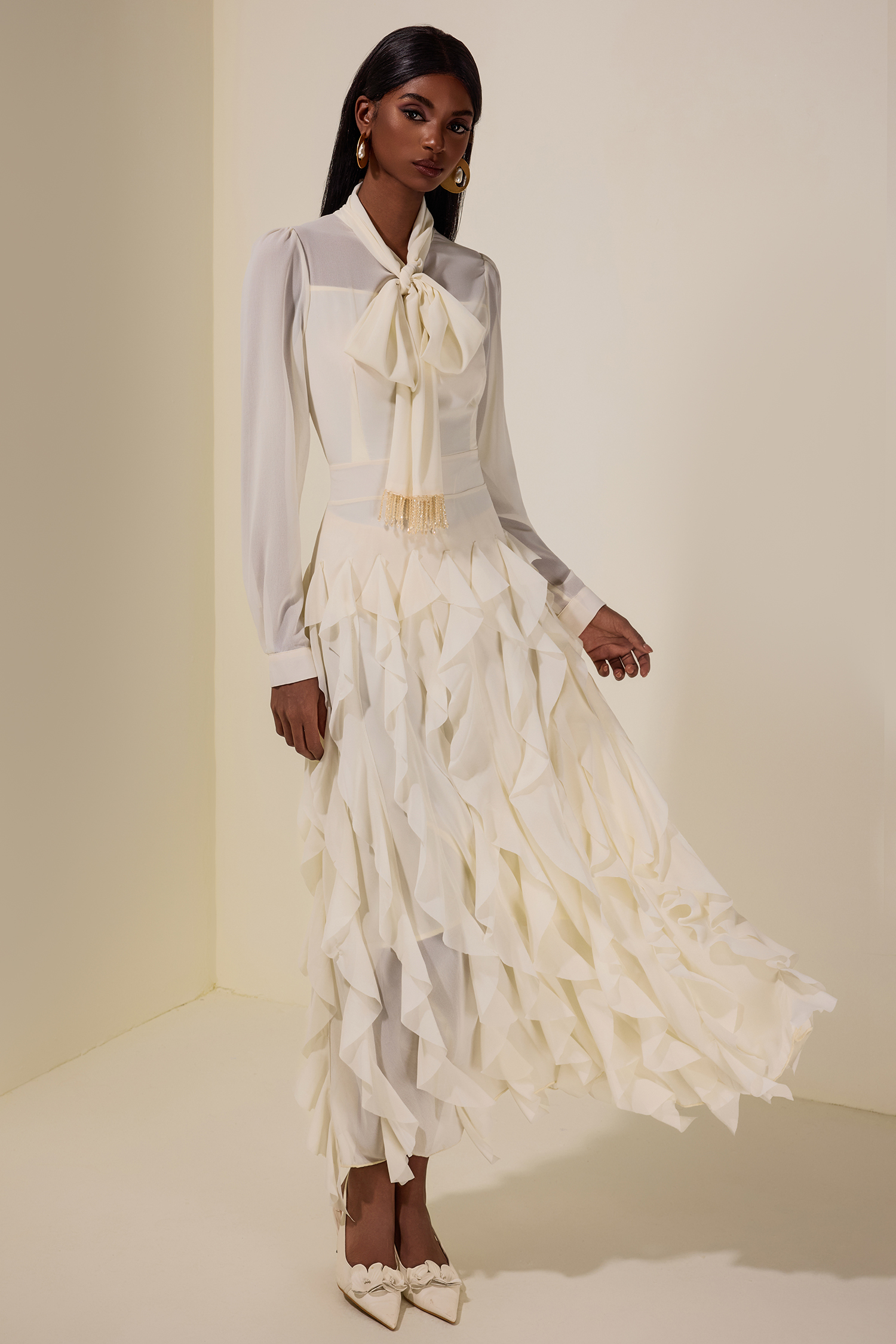 Chiffon Frill Beads Maxi Dress