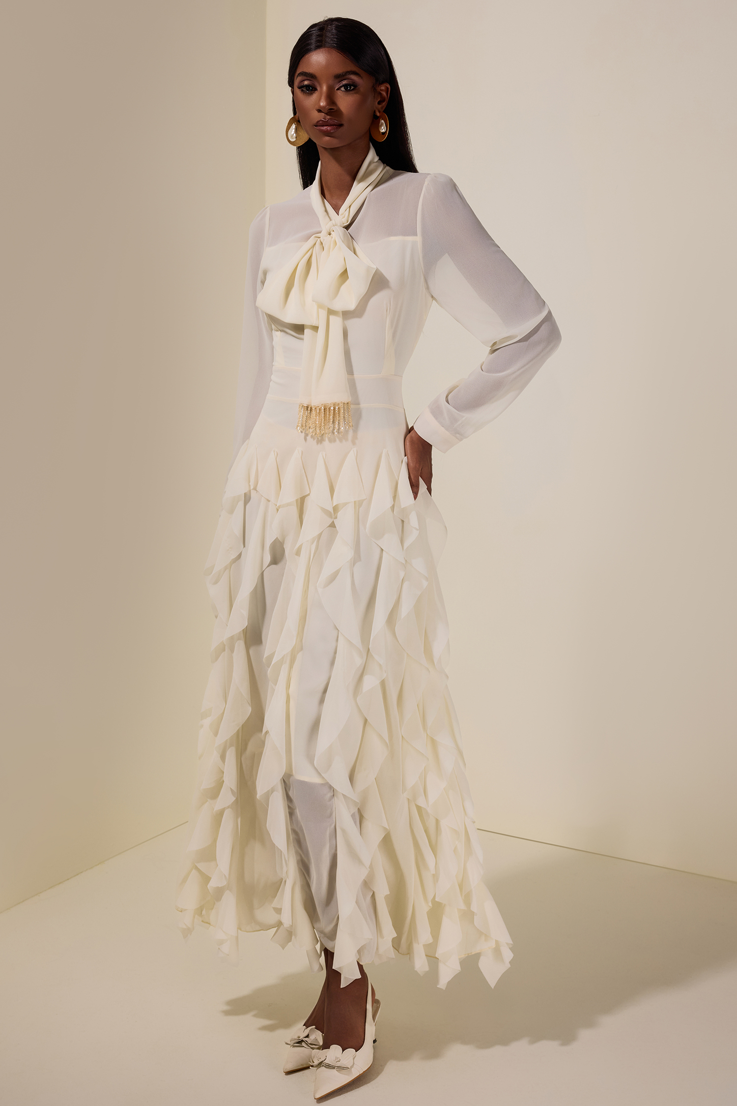 Chiffon Frill Beads Maxi Dress