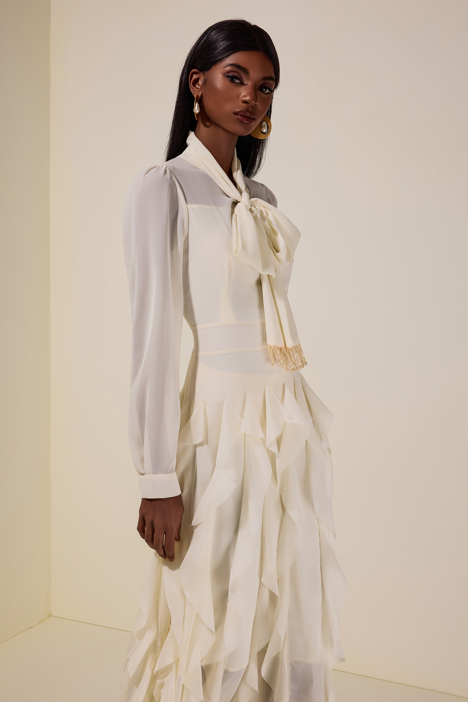 Chiffon Frill Beads Maxi Dress