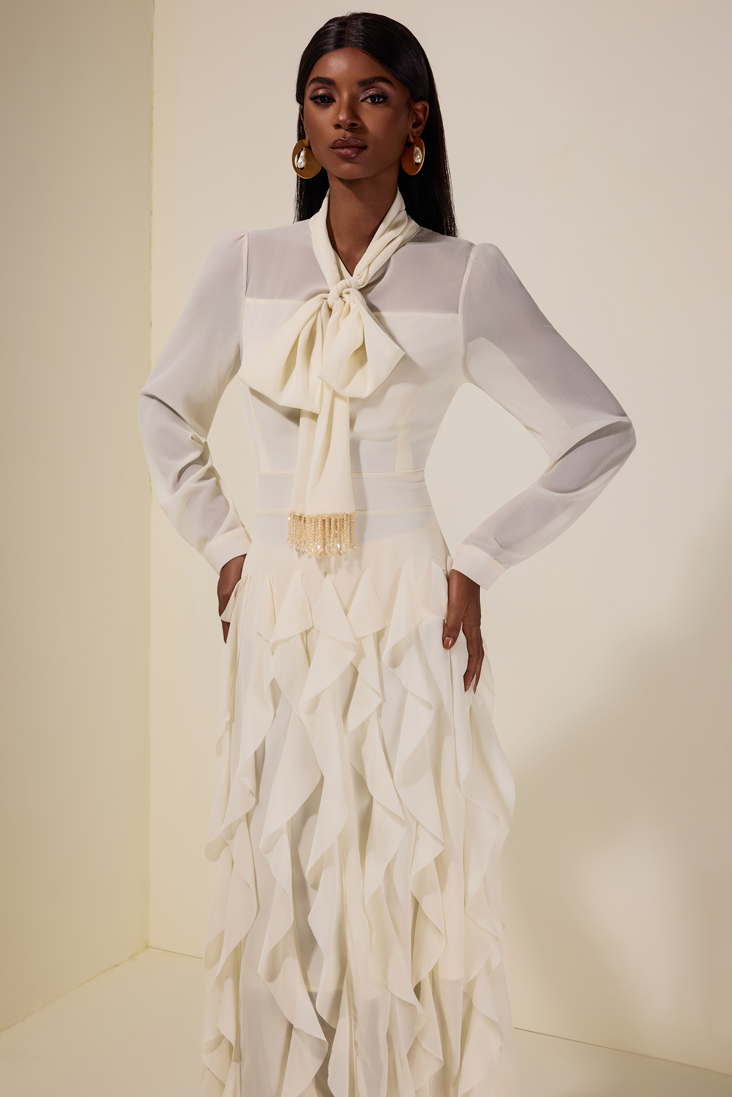 Chiffon Frill Beads Maxi Dress