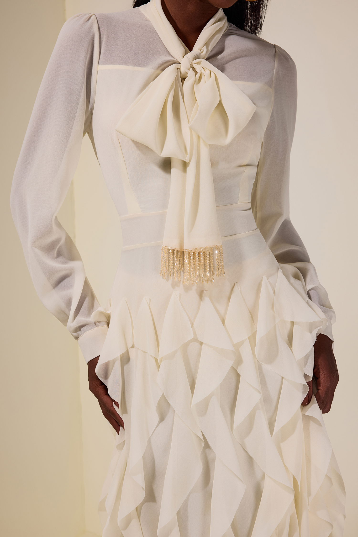 Chiffon Frill Beads Maxi Dress