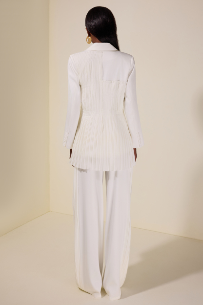 Pleat Solid Tailored Collar Blazer & High Waist Loose Pants Set