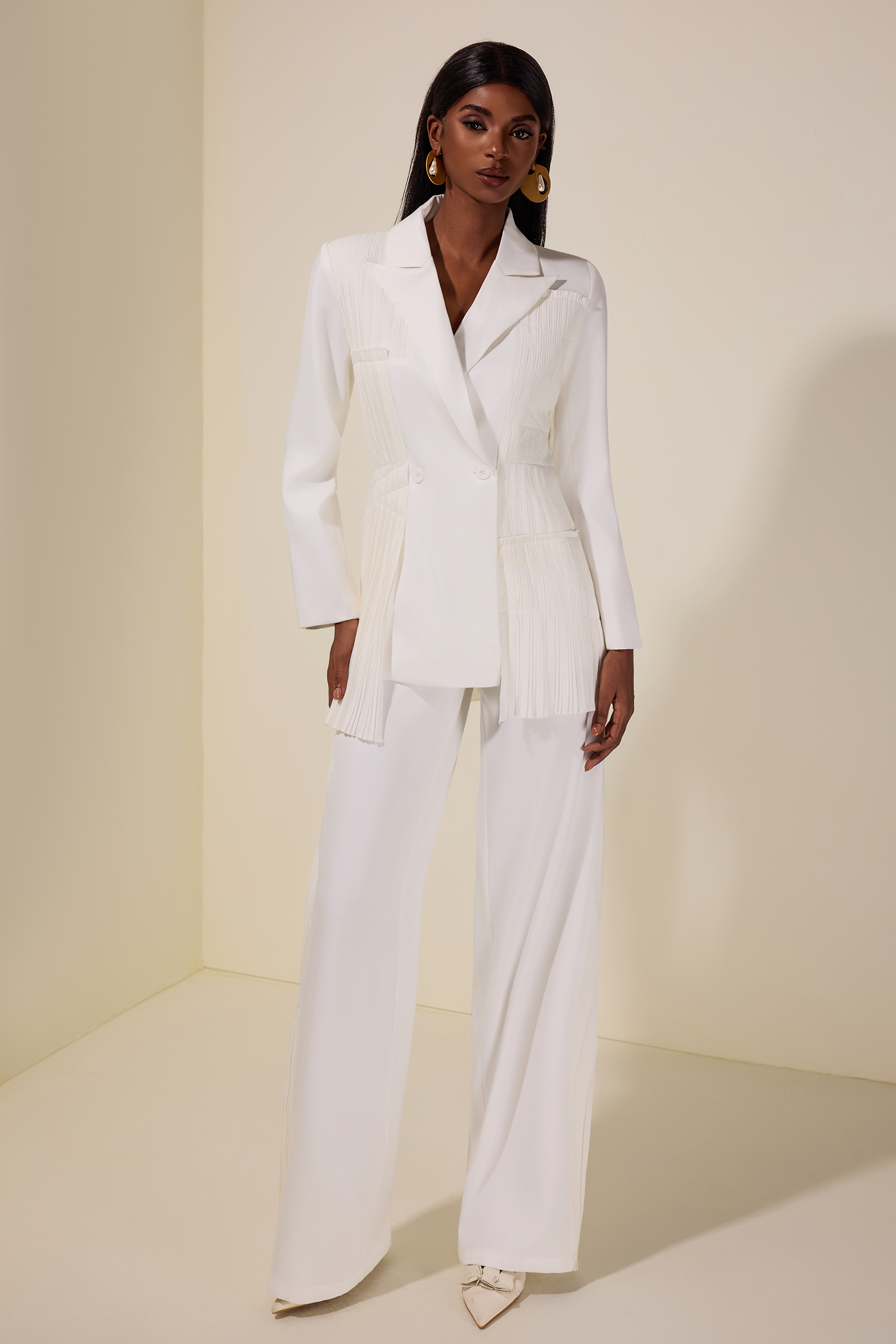 Pleat Solid Tailored Collar Blazer & High Waist Loose Pants Set