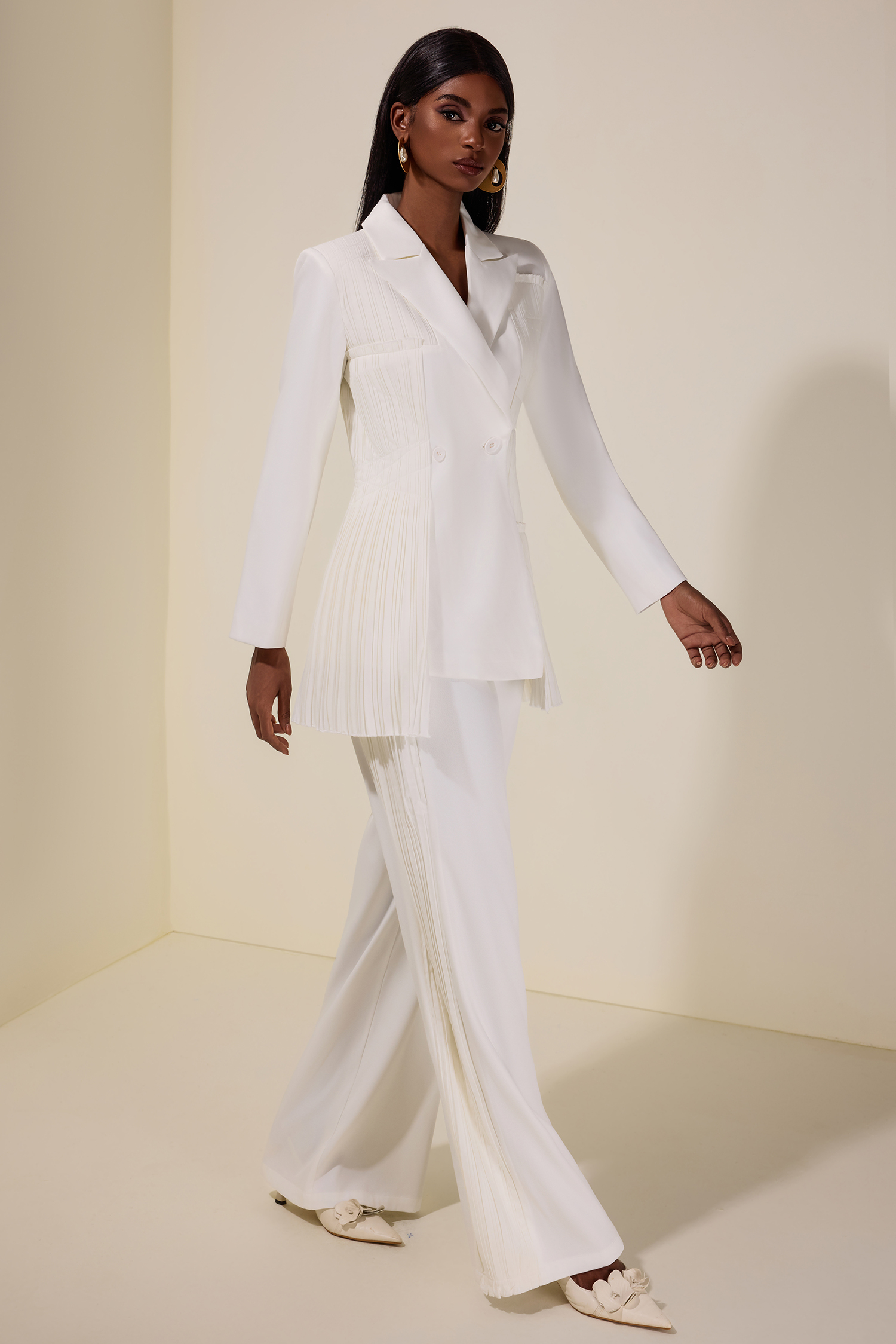 Pleat Solid Tailored Collar Blazer & High Waist Loose Pants Set