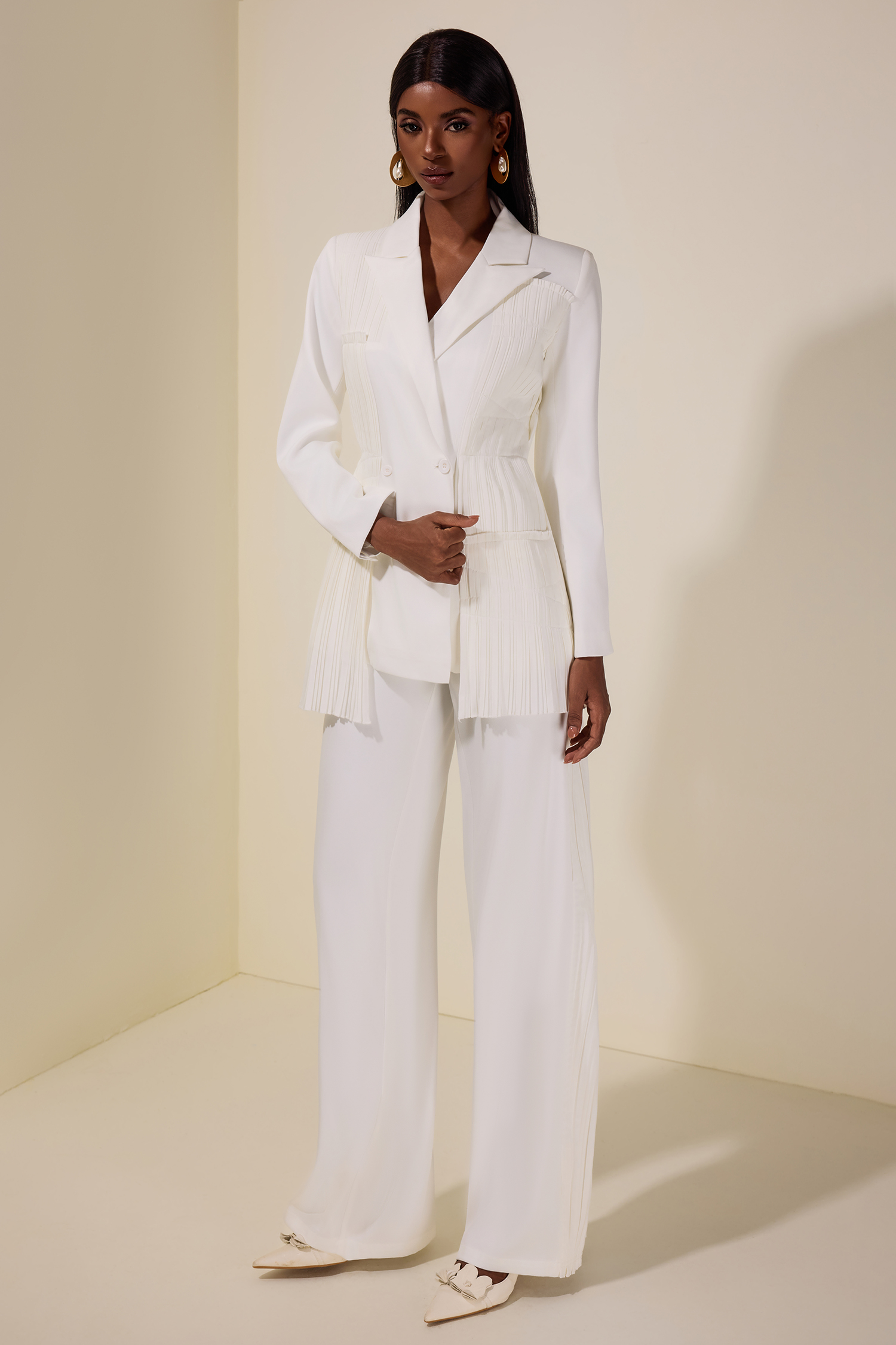 Pleat Solid Tailored Collar Blazer & High Waist Loose Pants Set