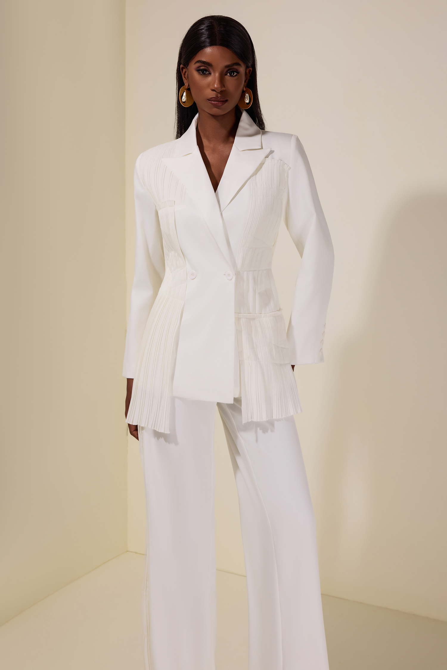 Pleat Solid Tailored Collar Blazer & High Waist Loose Pants Set