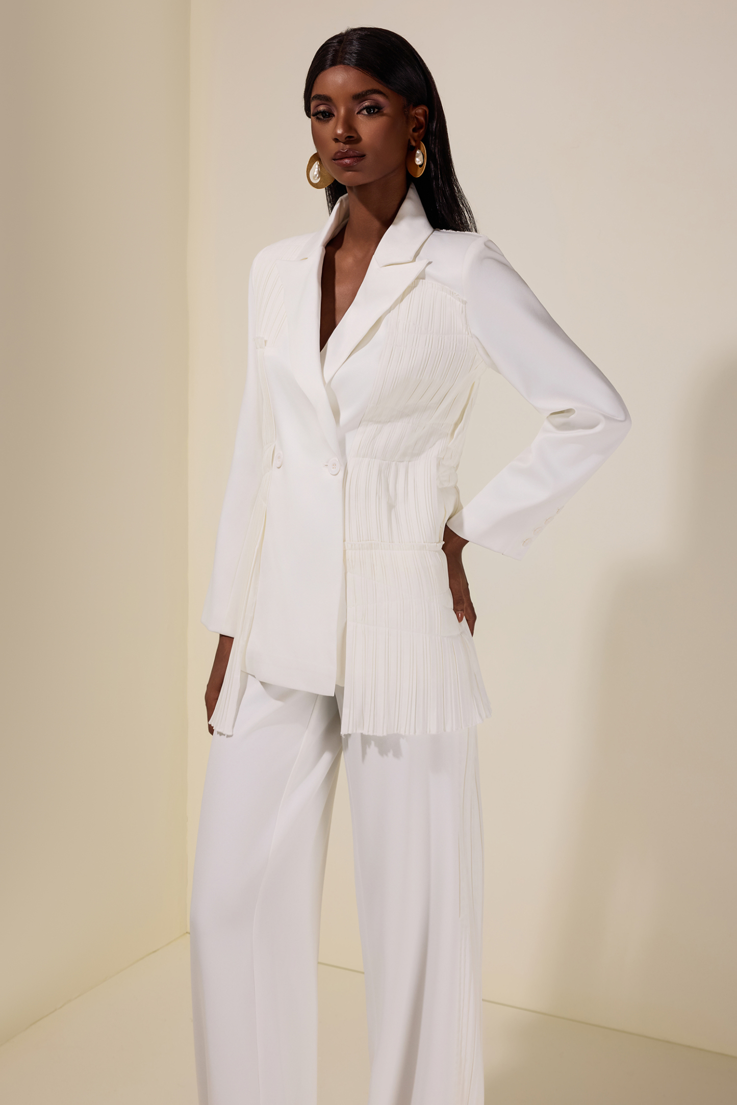 Pleat Solid Tailored Collar Blazer & High Waist Loose Pants Set