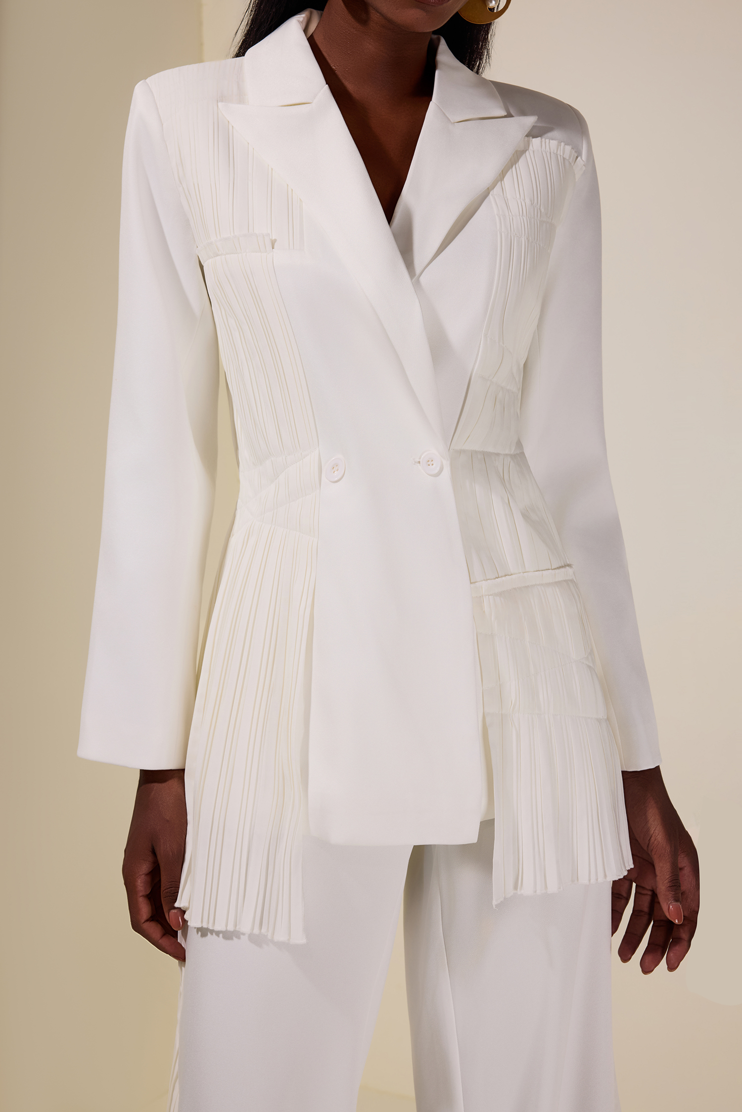 Pleat Solid Tailored Collar Blazer & High Waist Loose Pants Set