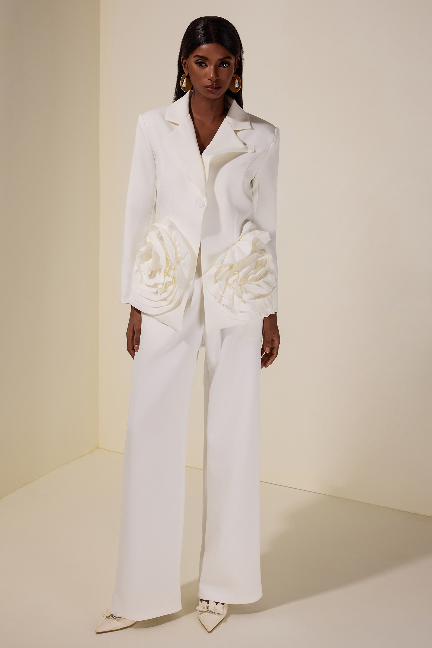 3D Flower Tailored Collar Blazer & Hight Waist Pants Set