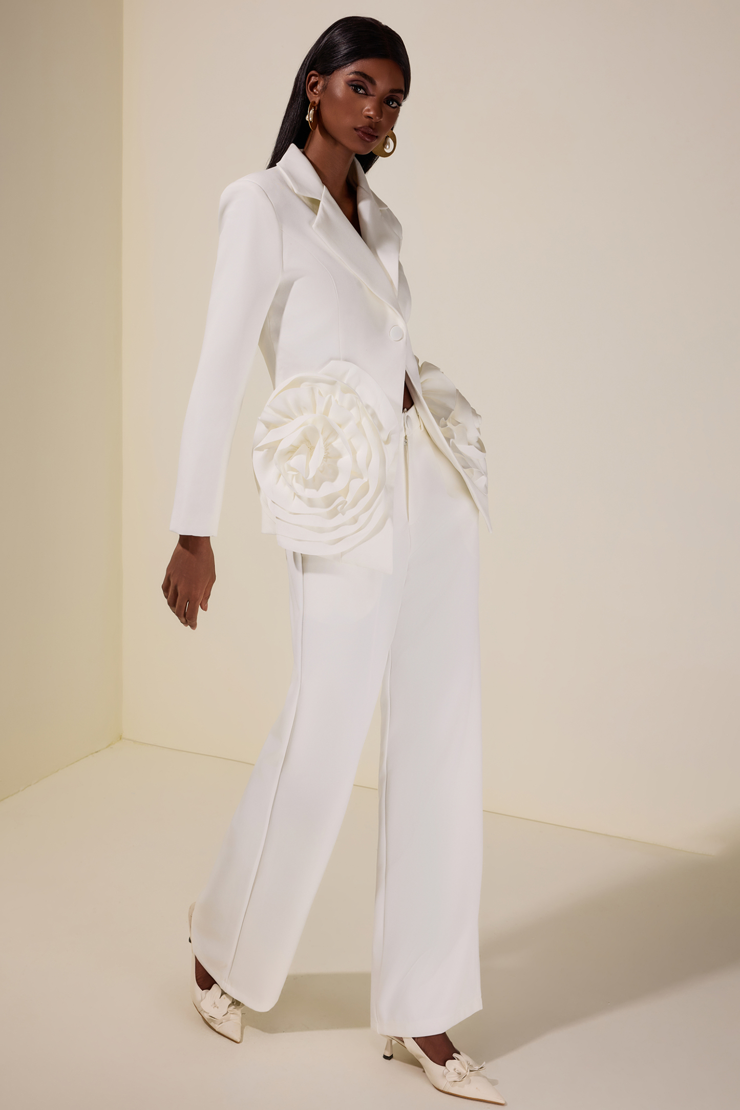 3D Flower Tailored Collar Blazer & Hight Waist Pants Set