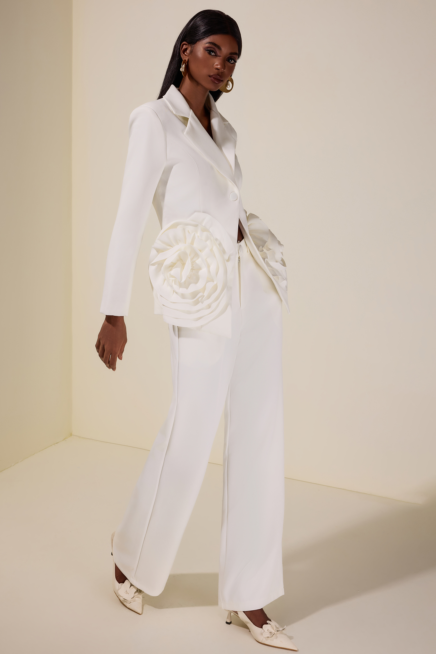 3D Flower Tailored Collar Blazer & Hight Waist Pants Set