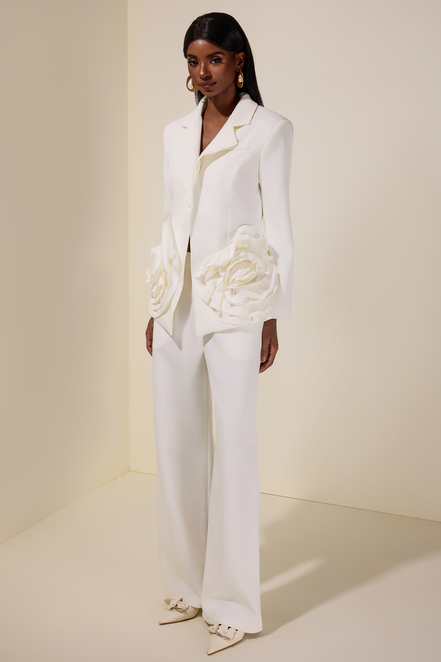 3D Flower Tailored Collar Blazer & Hight Waist Pants Set