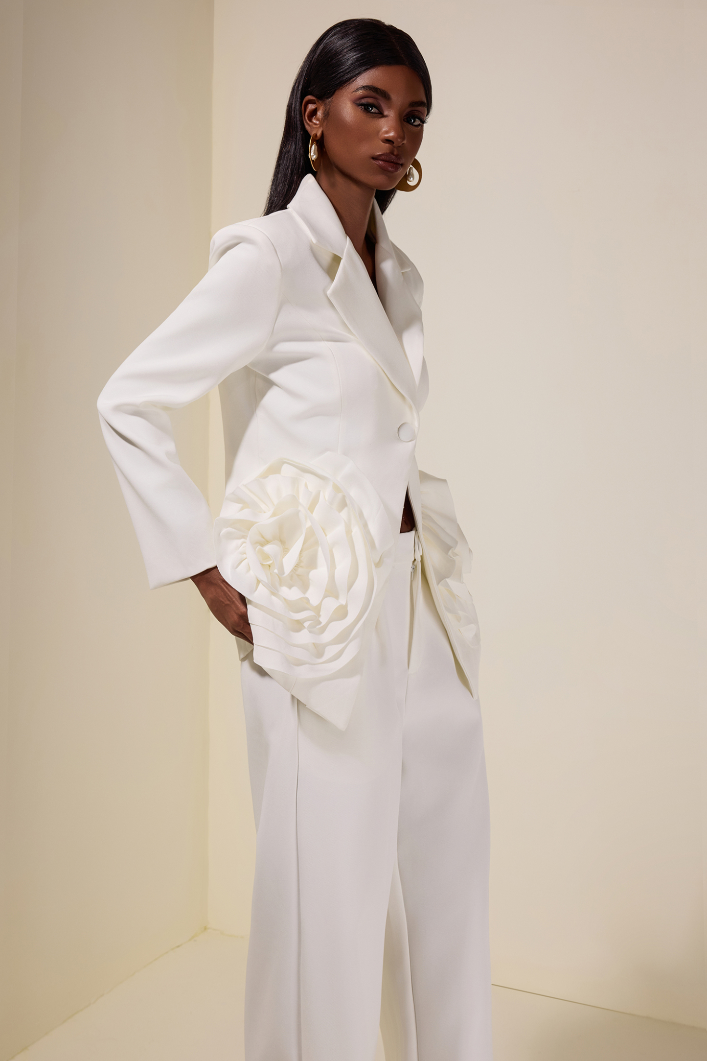 3D Flower Tailored Collar Blazer & Hight Waist Pants Set