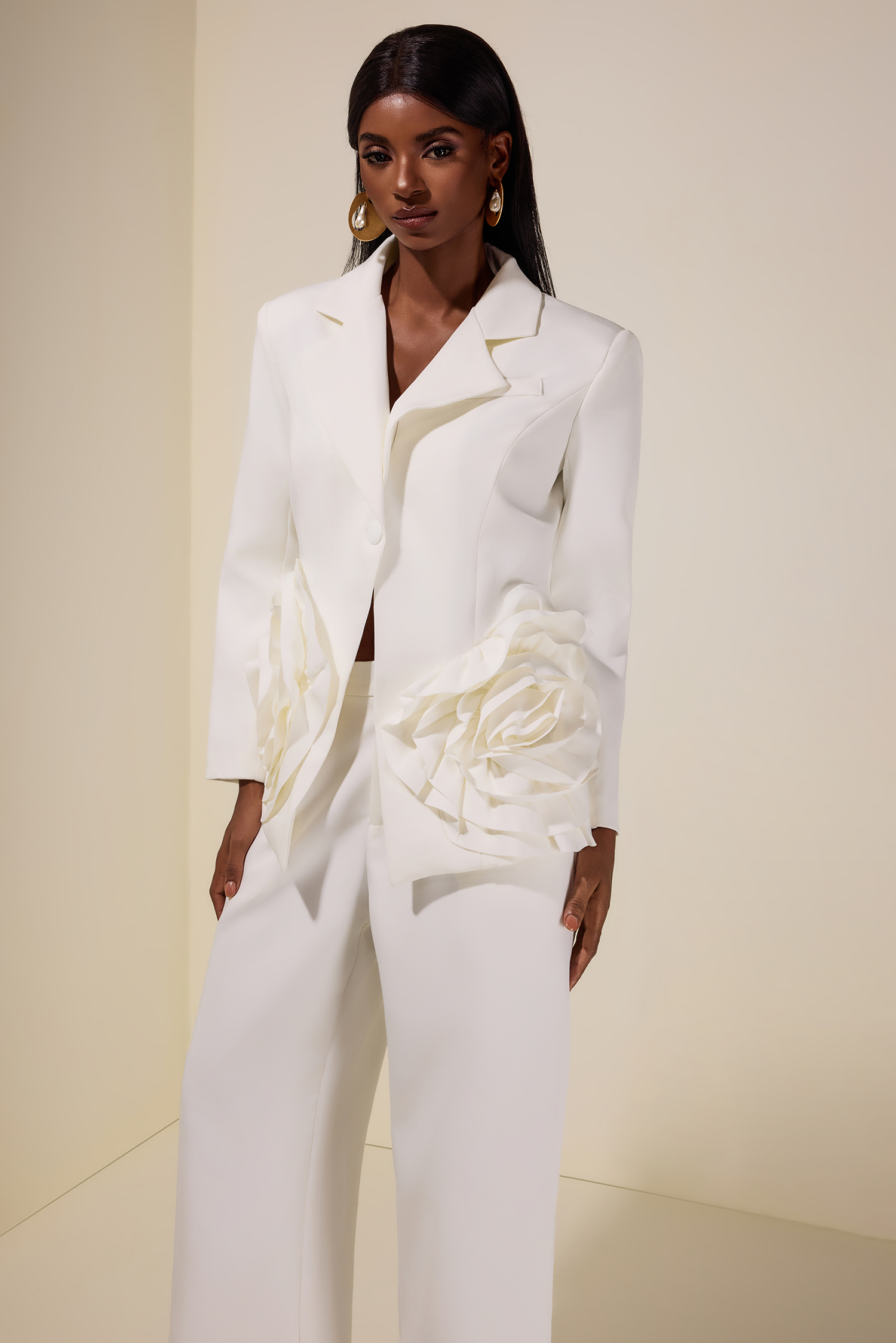 3D Flower Tailored Collar Blazer & Hight Waist Pants Set