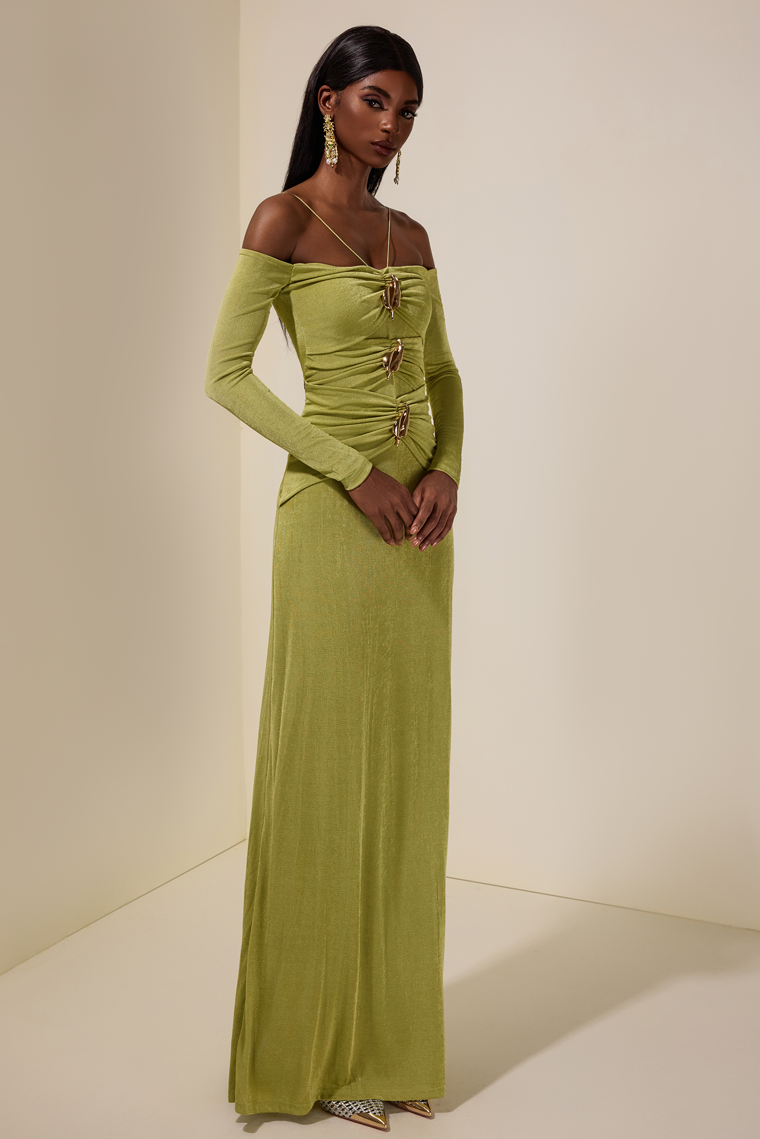 Jersey Metal Decorations Gathering Maxi Dress